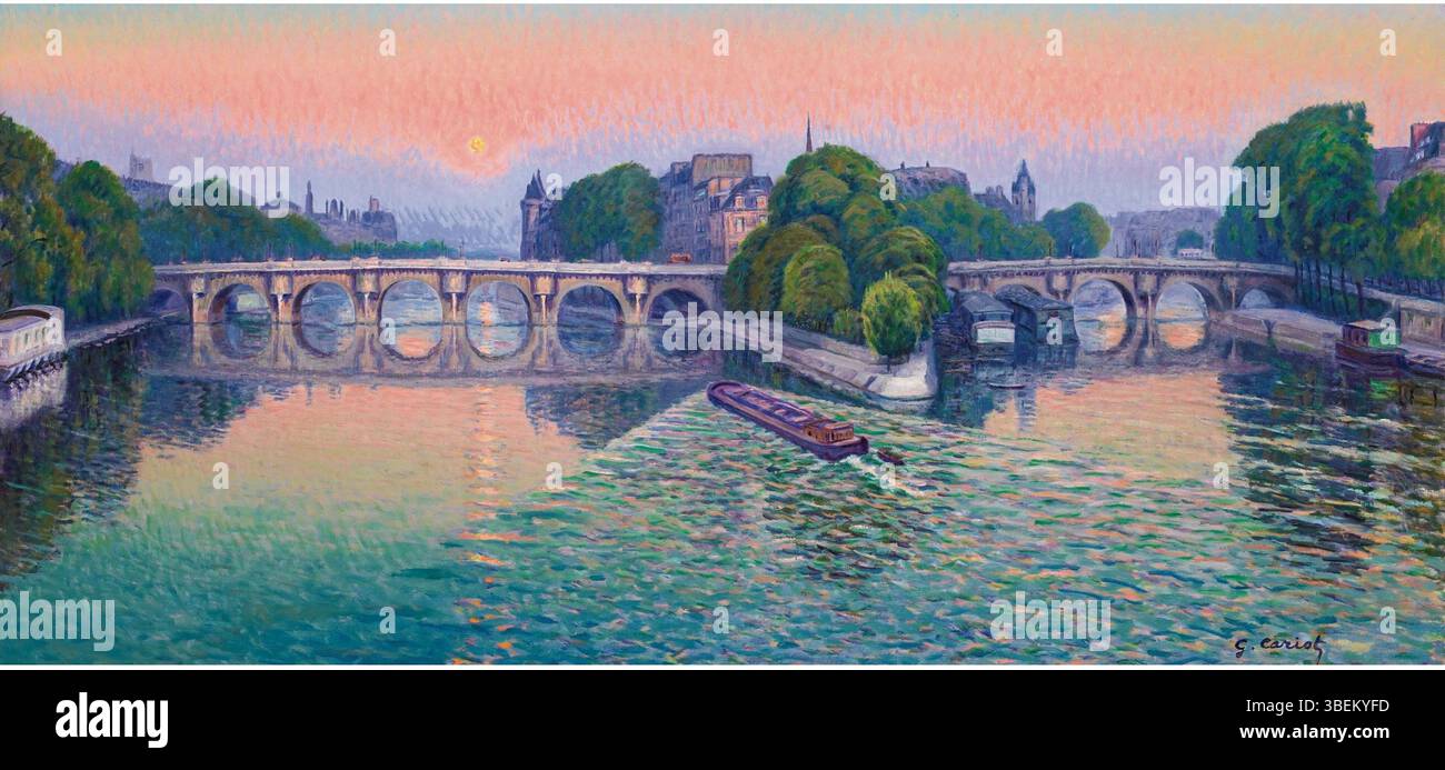 "Crépuscule, Lever de Lune sur le Pont Neuf" di Gustave Cariot ritrae un sorgere di luna sul Pont Neuf a Parigi. Il dipinto cattura la bellezza dello skyline parigino sotto un cielo crepuscolo, con l'uso caratteristico di luce e ombra di Cariot. Foto Stock