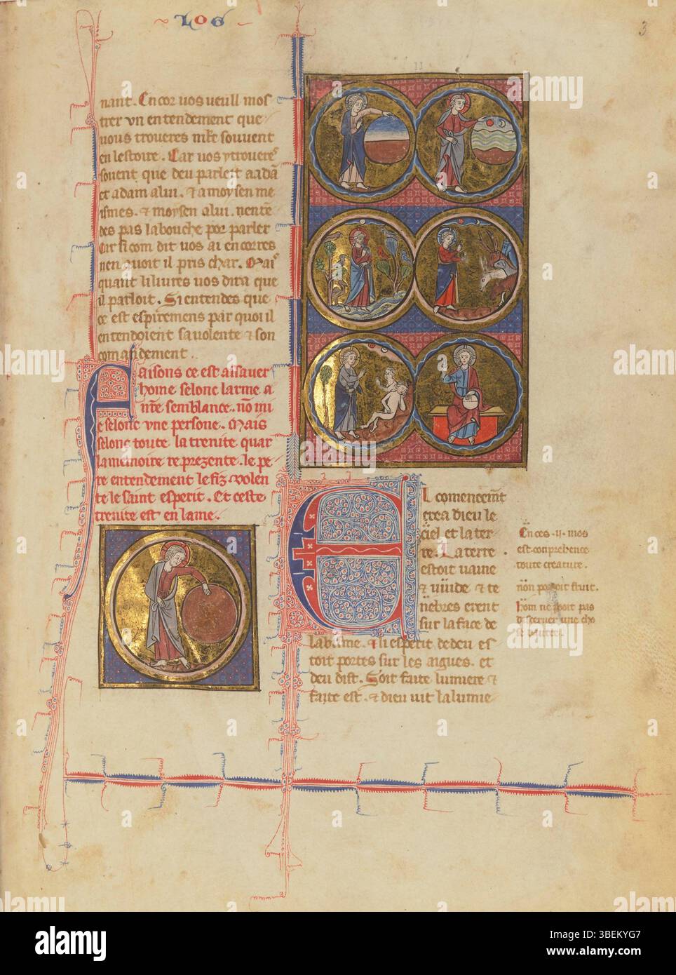 Questa pagina da *BnF nouv. acq. fr. 1404*, F. 3r, segna l'inizio della *Genesi* con una scrittura e una decorazione intricate, caratteristica dei manoscritti miniati del XV secolo. Foto Stock