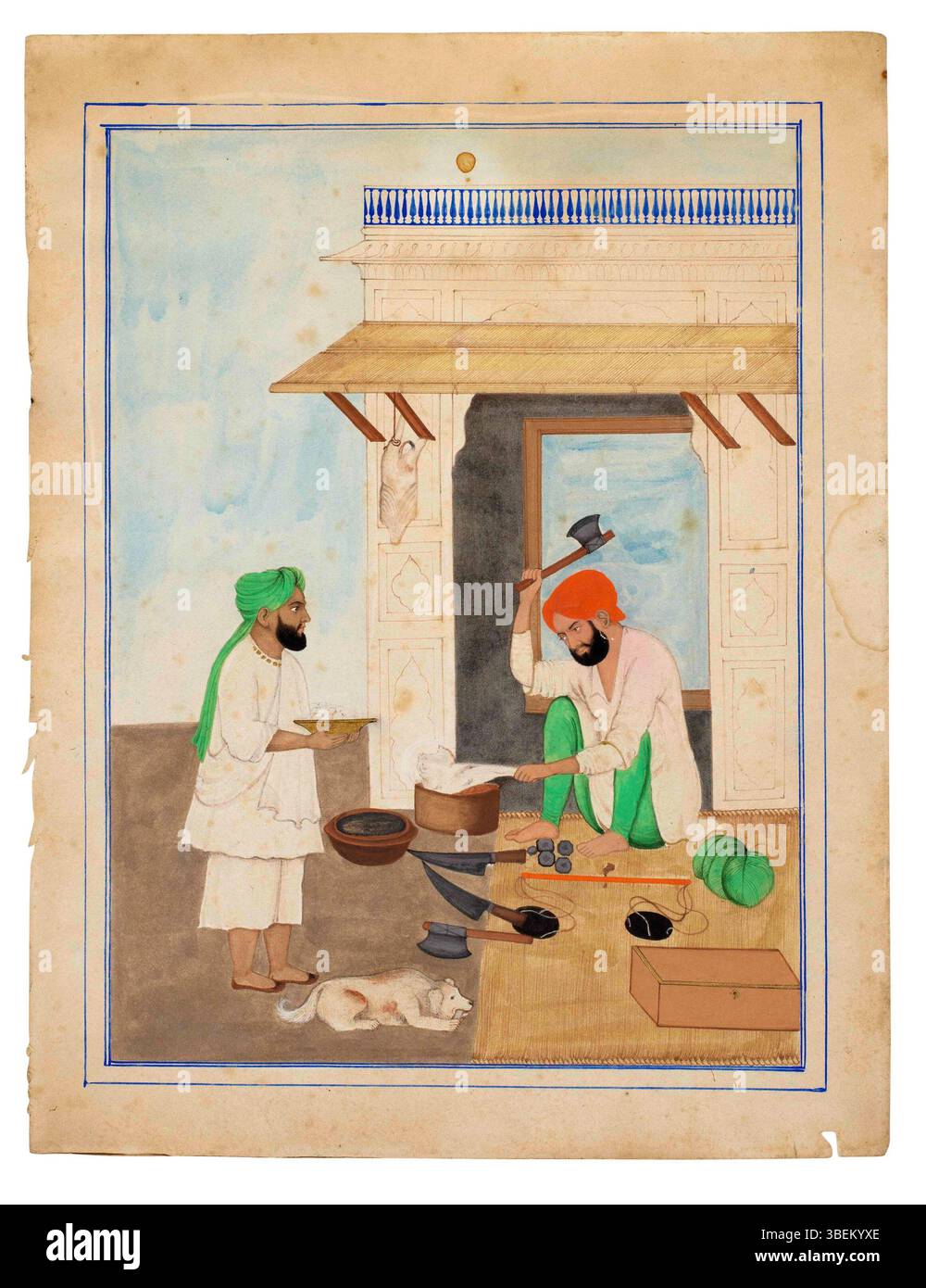 Dipinto attribuito a Bishan Singh intorno al 1860-70, che mostra un macellaio al lavoro ad Amritsar, creato usando gouache e oro su carta. Foto Stock