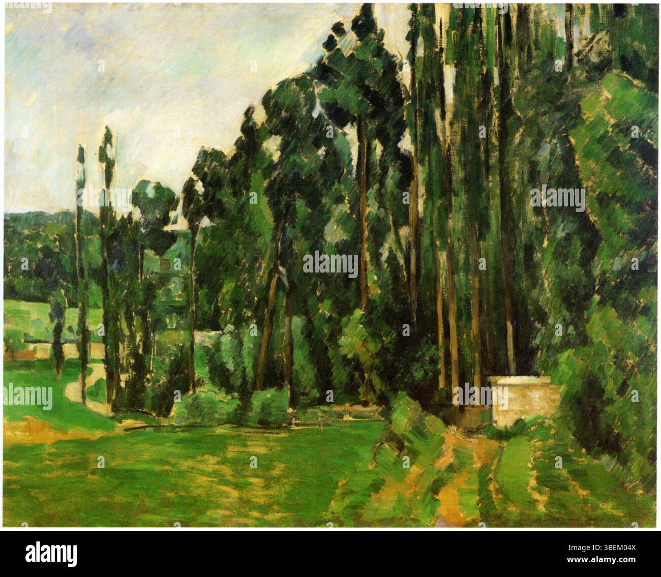 Die Pappeln di Paul Cézanne raffigura alberi di pioppo con pennellate morbide e colori vivaci. Il paesaggio cattura la bellezza della natura e la grande attenzione di Cézanne alla luce e alle forme naturali. Foto Stock