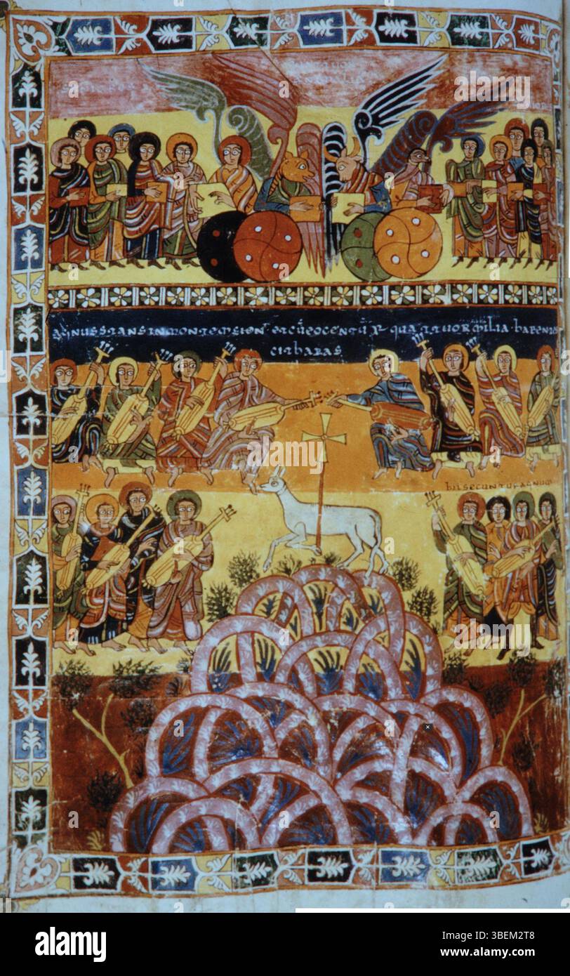 Folio 174v dal manoscritto Morgan Beatus, creato da Maius (–968), raffigura musicisti che celebrano l'Agnello (Gesù) attraverso la musica gioiosa, una scena importante dell'iconografia cristiana. Foto Stock