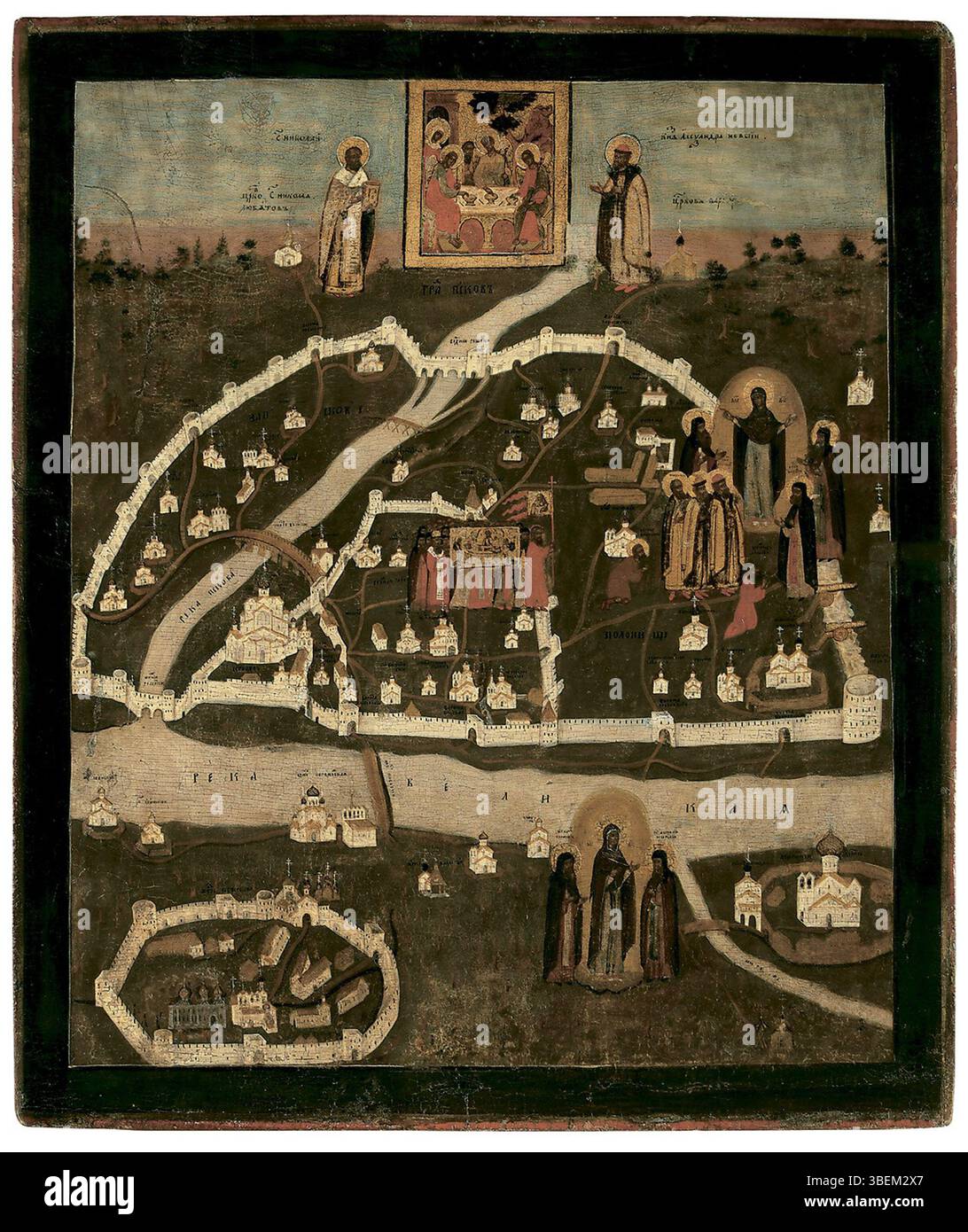 Icona religiosa del XVIII secolo che rappresenta la visione di Dorofey, con una mappa simbolica della città di Pskov, caratterizzata da elementi iconografici e architettonici tradizionali. Foto Stock