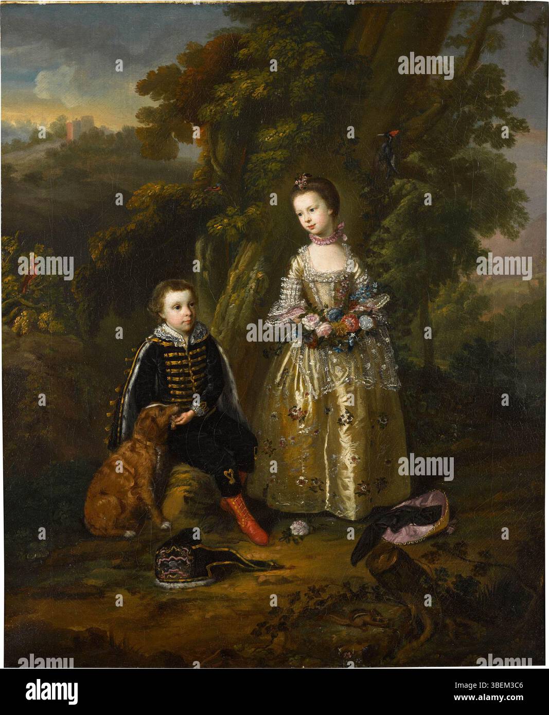 Questo pezzo di conversazione di Thomas Frye raffigura Herbert Hickman Windsor in uniforme degli ussari, accompagnato da sua sorella Charlotte Jane, poi contessa di Bute, insieme al loro cane e ad altri animali domestici. Foto Stock