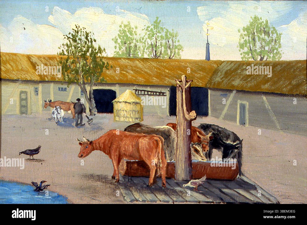 "Bondegård" è un dipinto di Ernst Aschenbach creato prima del 1954. L'opera fa parte della collezione Glomdalsmuseet e raffigura una fattoria rurale, che riflette l'arte norvegese dell'inizio del XX secolo. Foto Stock