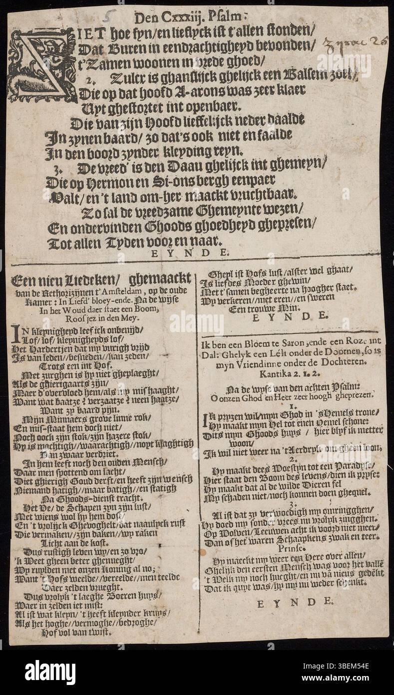 Il 133° Salmo, tradotto da Petrus Dathenus e adattato da Samuel Coster, fu stampato ad Amsterdam nel 1615. Questo lavoro include un nuovo inno e un'iniziale tagliata in legno. L'inno, lodando Dio, è stato anche descritto in varie raccolte di poesie olandesi del XVII secolo, come "Apollo" e "Verscheyde Nederduytsche gedichten". Foto Stock