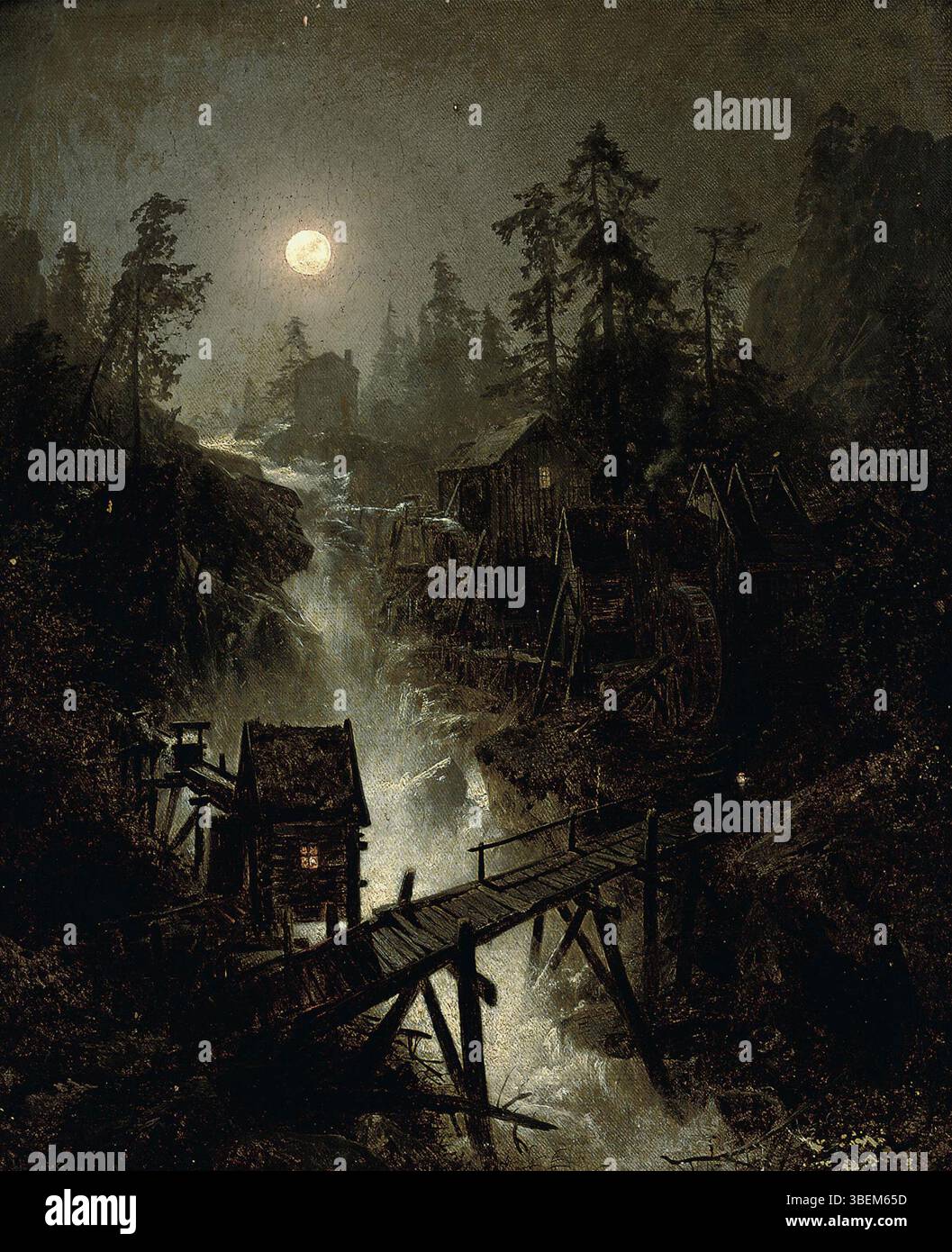 "A Mining Town by Moonlight" di Hermann Herzog cattura una tranquilla scena notturna. Il dipinto mostra una città mineraria illuminata dalla luce della luna, enfatizzando l'interazione di luce e ombra in un paesaggio naturale. Foto Stock