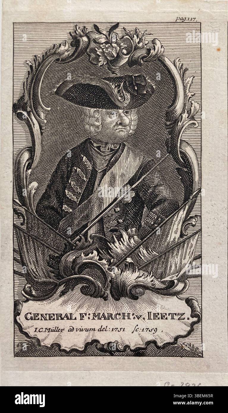 Un'incisione del 1759 di Joachim Christoph von Jeetze, creata da J.C. Müller, raffigura questa figura storica. Il pezzo è ospitato nel Kupferstichkabinett dello Staatliche Museen zu Berlin. Foto Stock Un'incisione del 1759 di Joachim Christoph von Jeetze, creata da J.C. Müller, raffigura questa figura storica. Il pezzo è ospitato nel Kupferstichkabinett dello Staatliche Museen zu Berlin. Foto Stock