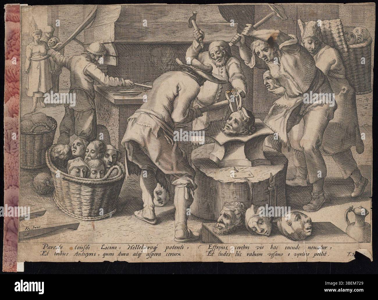 Questa incisione, attribuita a Karel van Mander, risale al XVI secolo. Include un verso latino di quattro righe, potenzialmente di Franco Estius, che riflette le tradizioni artistiche e letterarie del periodo. Foto Stock