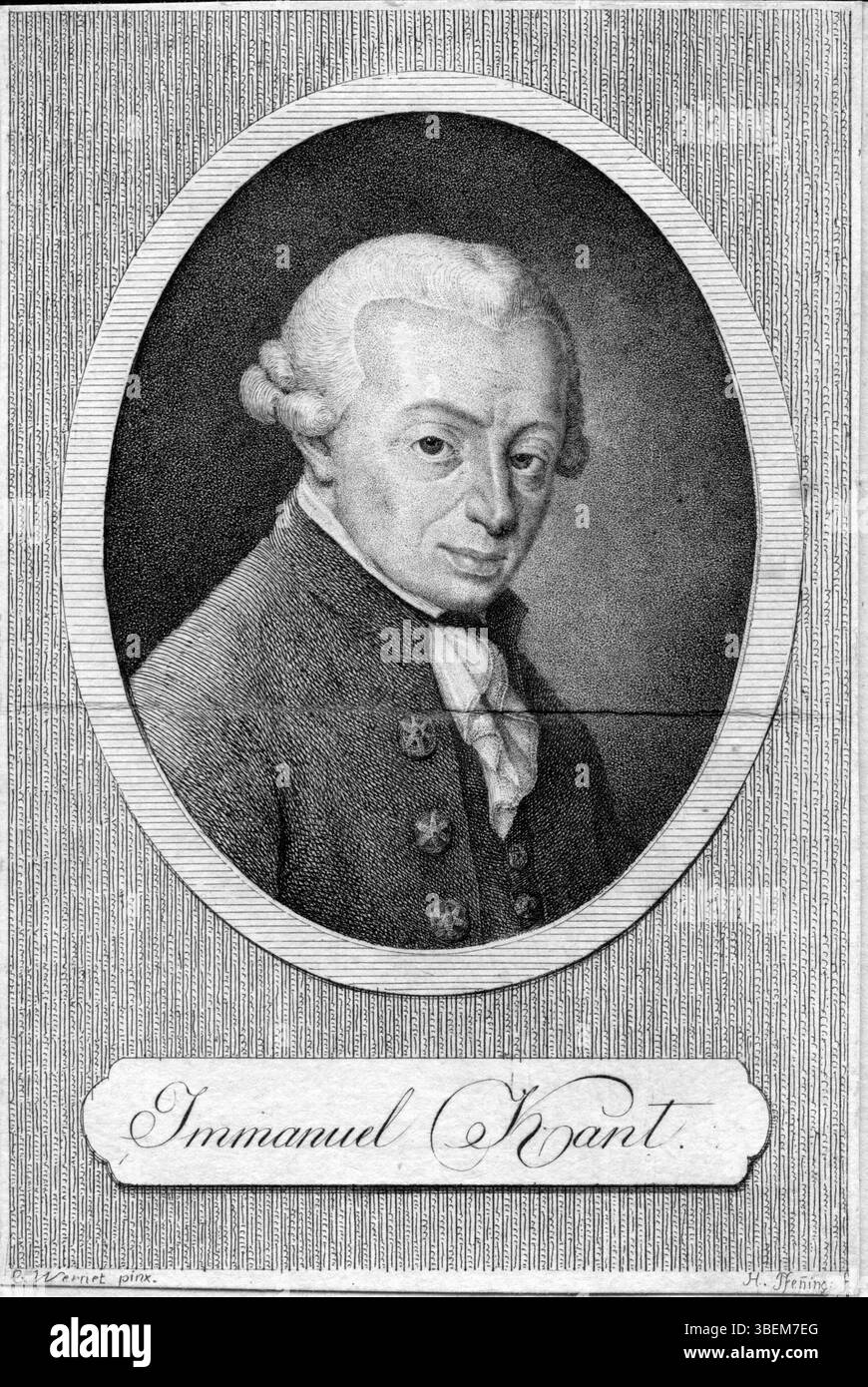 Questa incisione, attribuita a H. Pfenning dopo Carle Vernet, raffigura il filosofo tedesco Immanuel Kant. Il ritratto rappresenta Kant nello stile del XVIII secolo, riflettendo la sua significativa influenza sulla filosofia moderna. Foto Stock