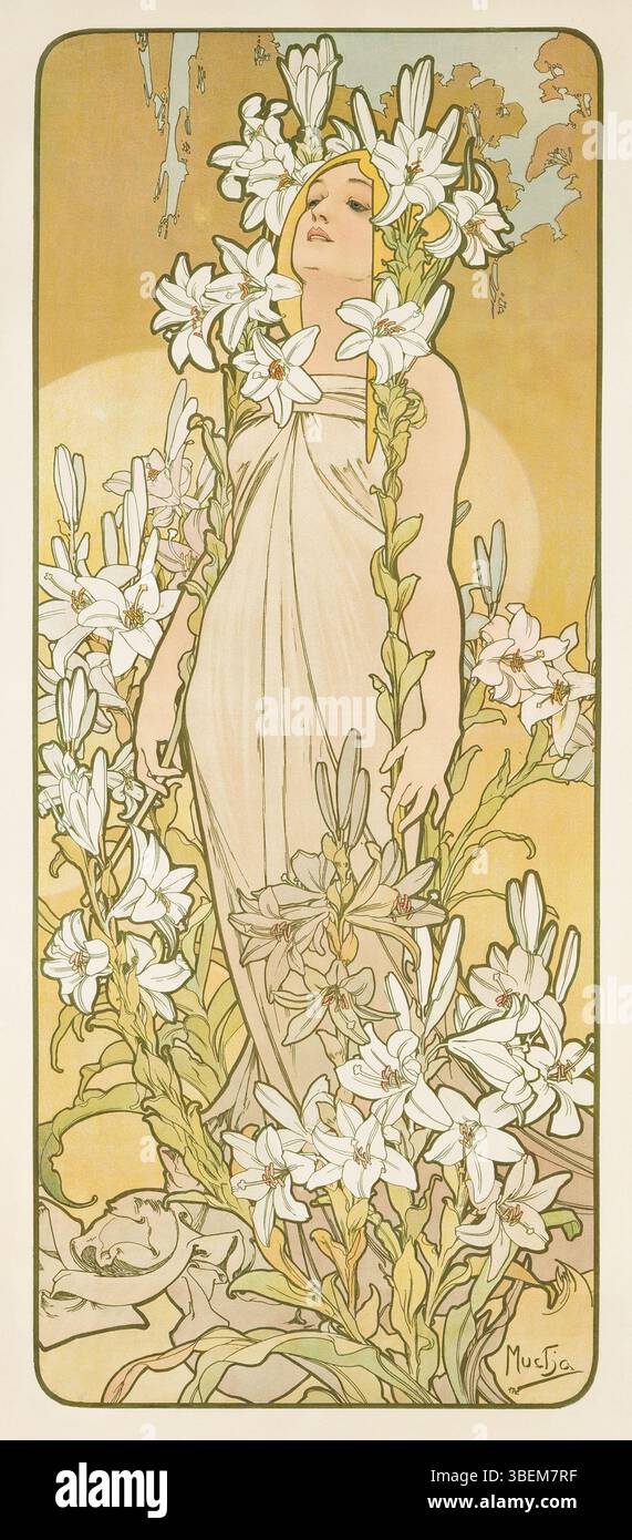 Il dipinto "il giglio" di Alphonse Mucha, creato nel 1898, è uno splendido esempio di Art Nouveau. La rappresentazione del fiore di Mucha cattura l'eleganza e la bellezza naturale del giglio, caratteristica del suo stile distintivo utilizzando linee fluide e forme organiche. Foto Stock