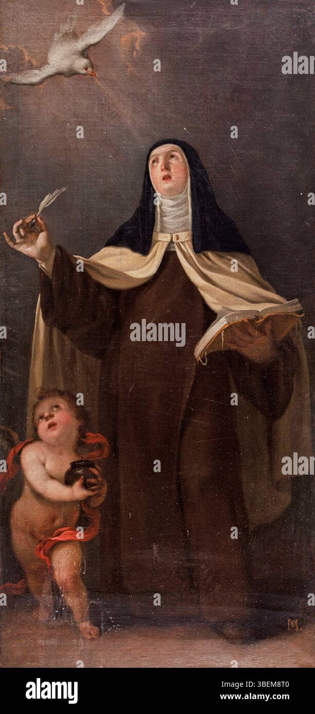 Questo dipinto ad olio del XVII secolo di Juan Montero de Rojas raffigura Santa Teresa di Gesù, parte di una collezione privata. Il dipinto cattura l'intensità spirituale ed emotiva del santo. Foto Stock