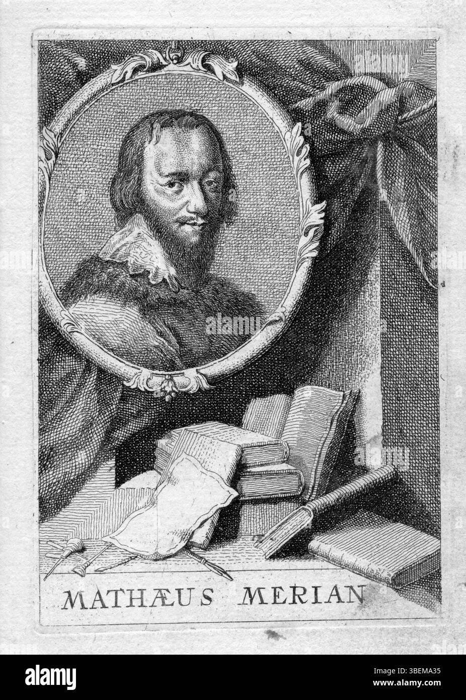 Una lapide di Matthäus Merian, una data sconosciuta. Matthäus Merian era un famoso incisore e cartografo svizzero, noto per il suo lavoro nella creazione di mappe e illustrazioni topografiche. Foto Stock