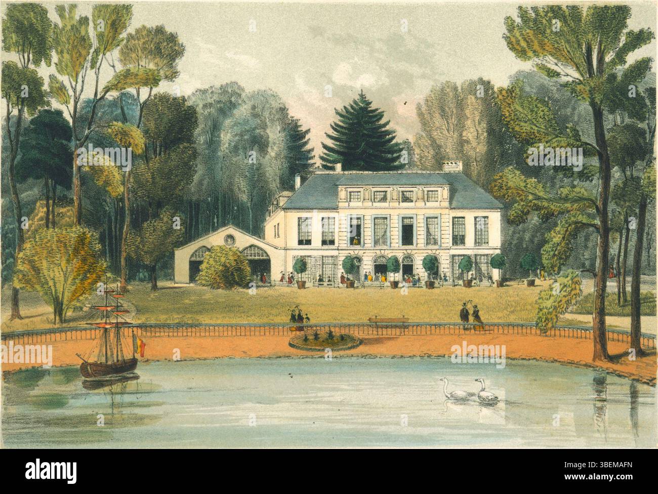 1856 litografia di Adrien Canelle raffigurante la sala riunioni e ristorante del giardino zoologico di Bruxelles, pubblicata da J. Géruzet. Foto Stock