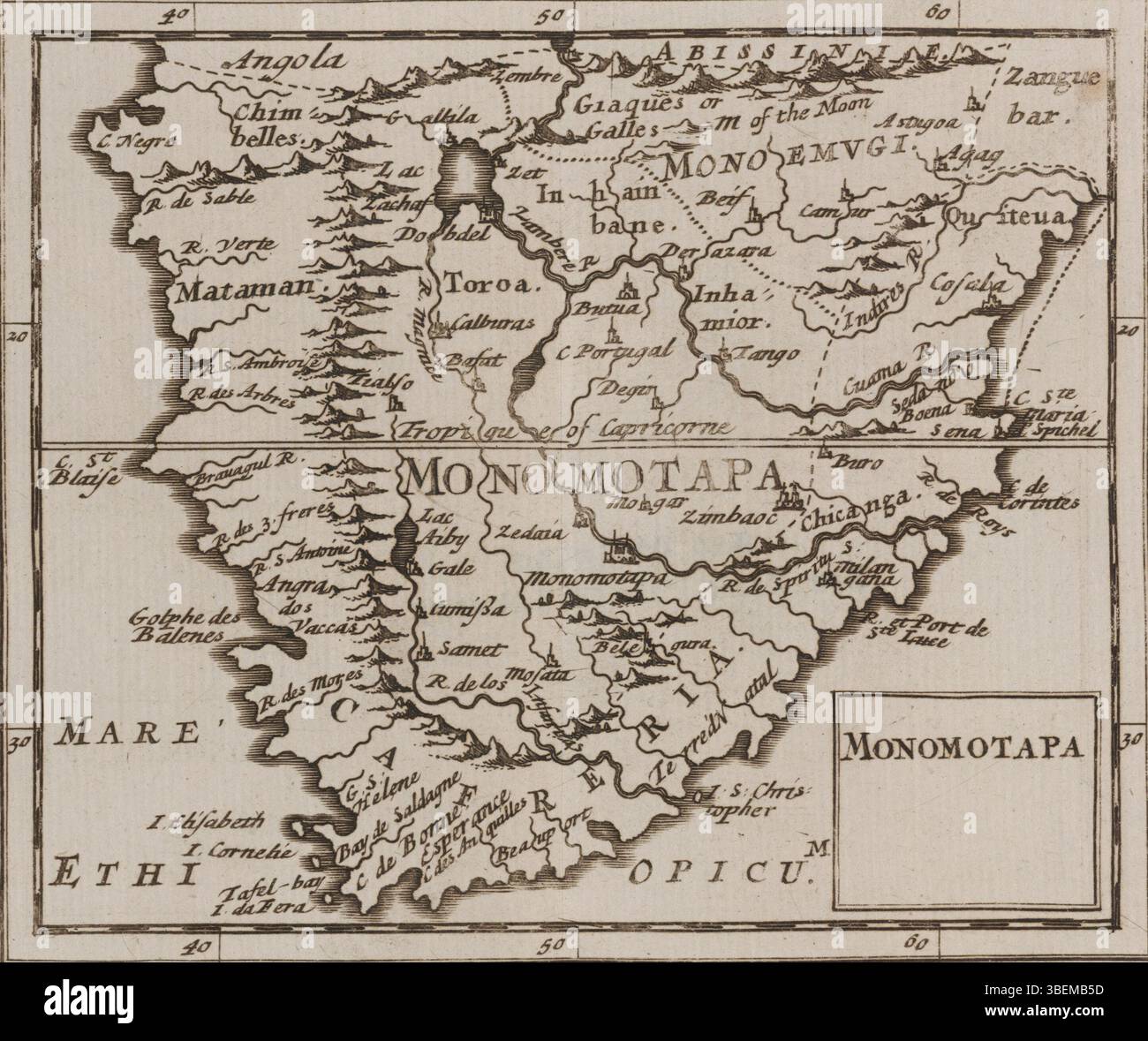 La pubblicazione del 1681 *Monomotapa*, curata da William Hanway e altri, include contributi di diversi studiosi. Contiene sezioni su algebra, Euclide e navigazione, con le tavole astronomiche di Flamsteed ed ed è considerato un'opera significativa nella letteratura scientifica del XVII secolo. Foto Stock