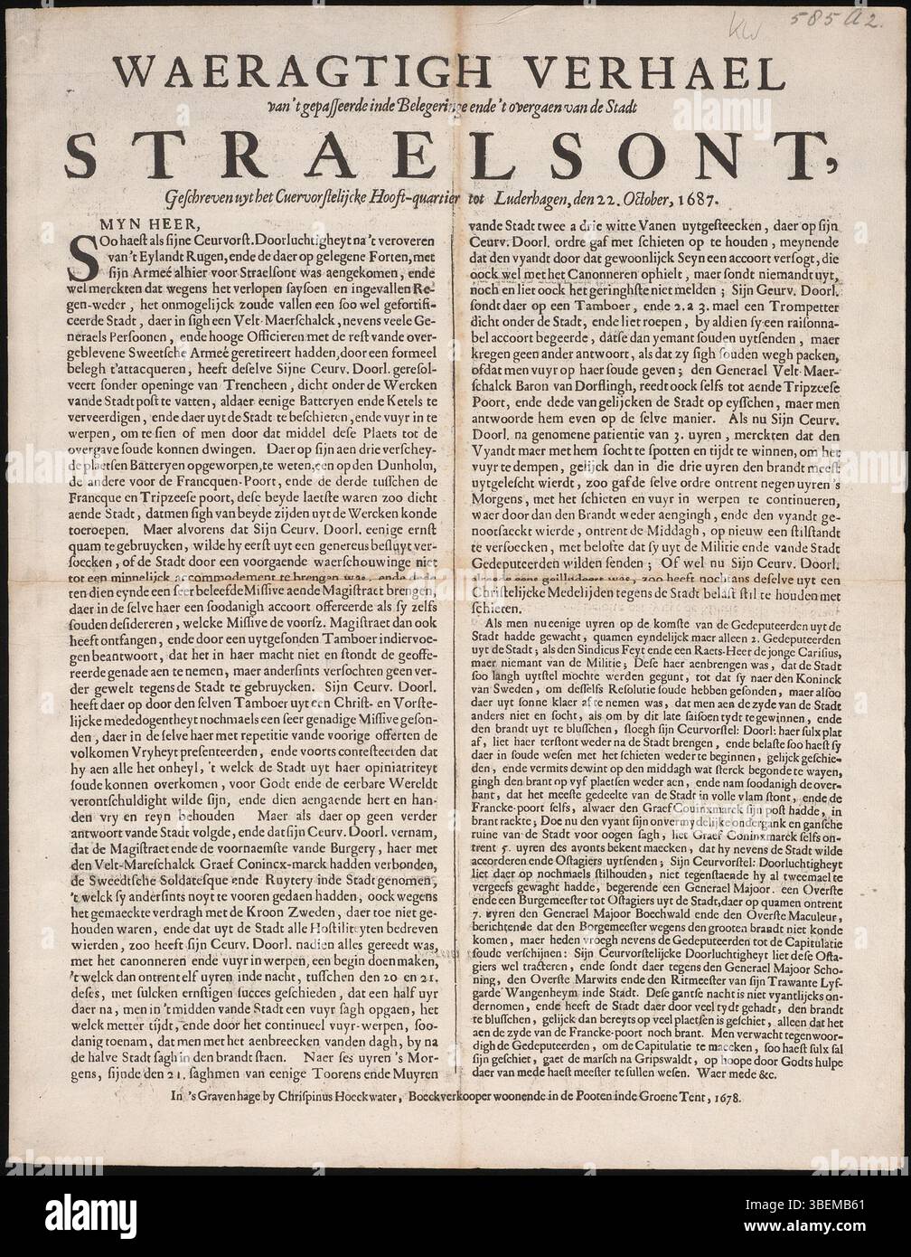Questo rapporto del 1678 fornisce un resoconto dettagliato dell'assedio e della resa della città di Stralsund, scritto dal quartier generale di Luderhagen. Offre informazioni sulle strategie militari e sulle esperienze di coloro che sono coinvolti nel conflitto. Foto Stock