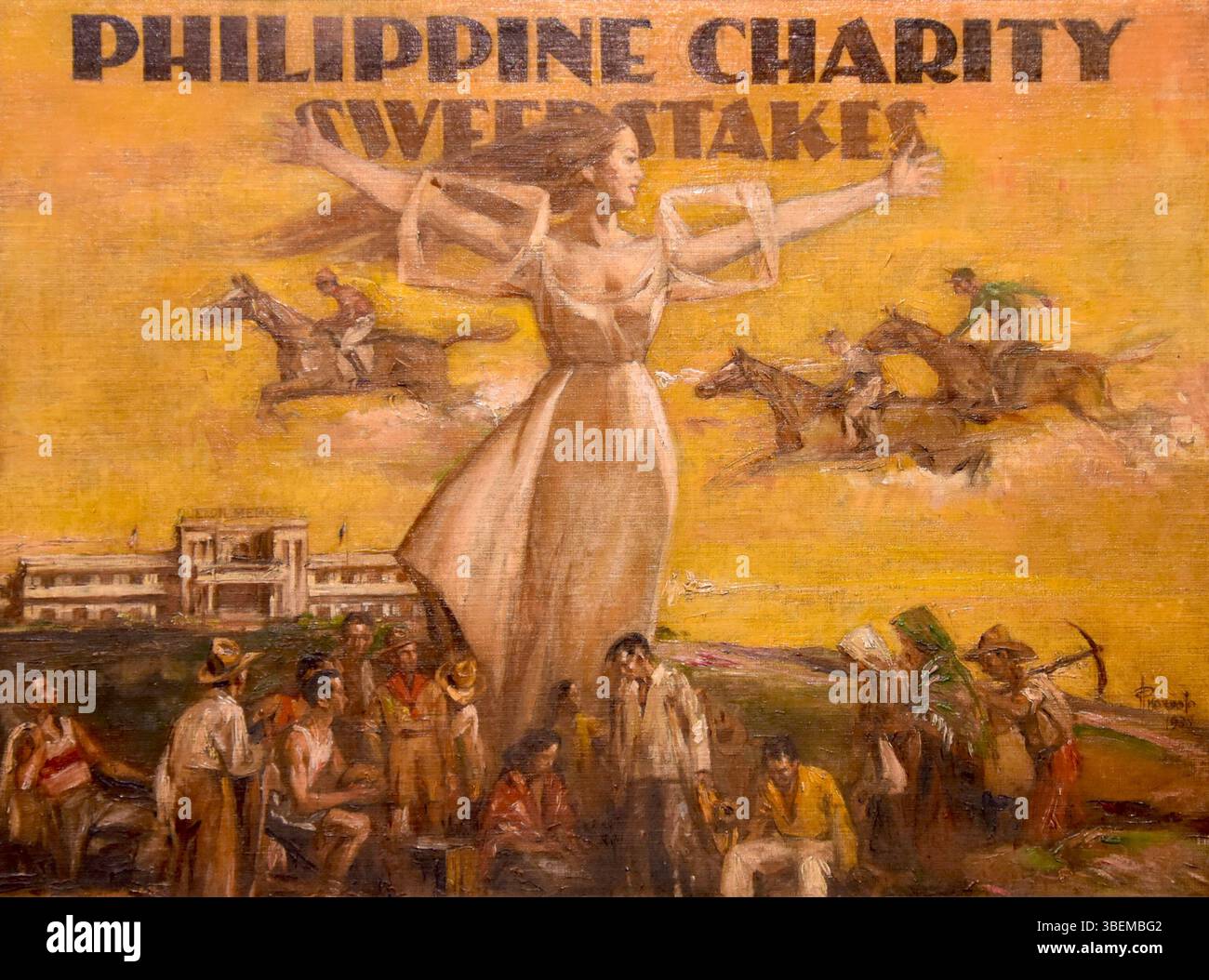 Il dipinto 'Philippine Charity Sweepstakes' (1938) di Pablo Amorsolo y Cueto, esposto al Museo Nazionale di Belle Arti di Manila, è un'opera significativa di arte filippina. Catturato dal fotografo Fred Cherrygarden, mostra la maestria di Amorsolo nel ritrarre la cultura e le tradizioni filippine. Foto Stock