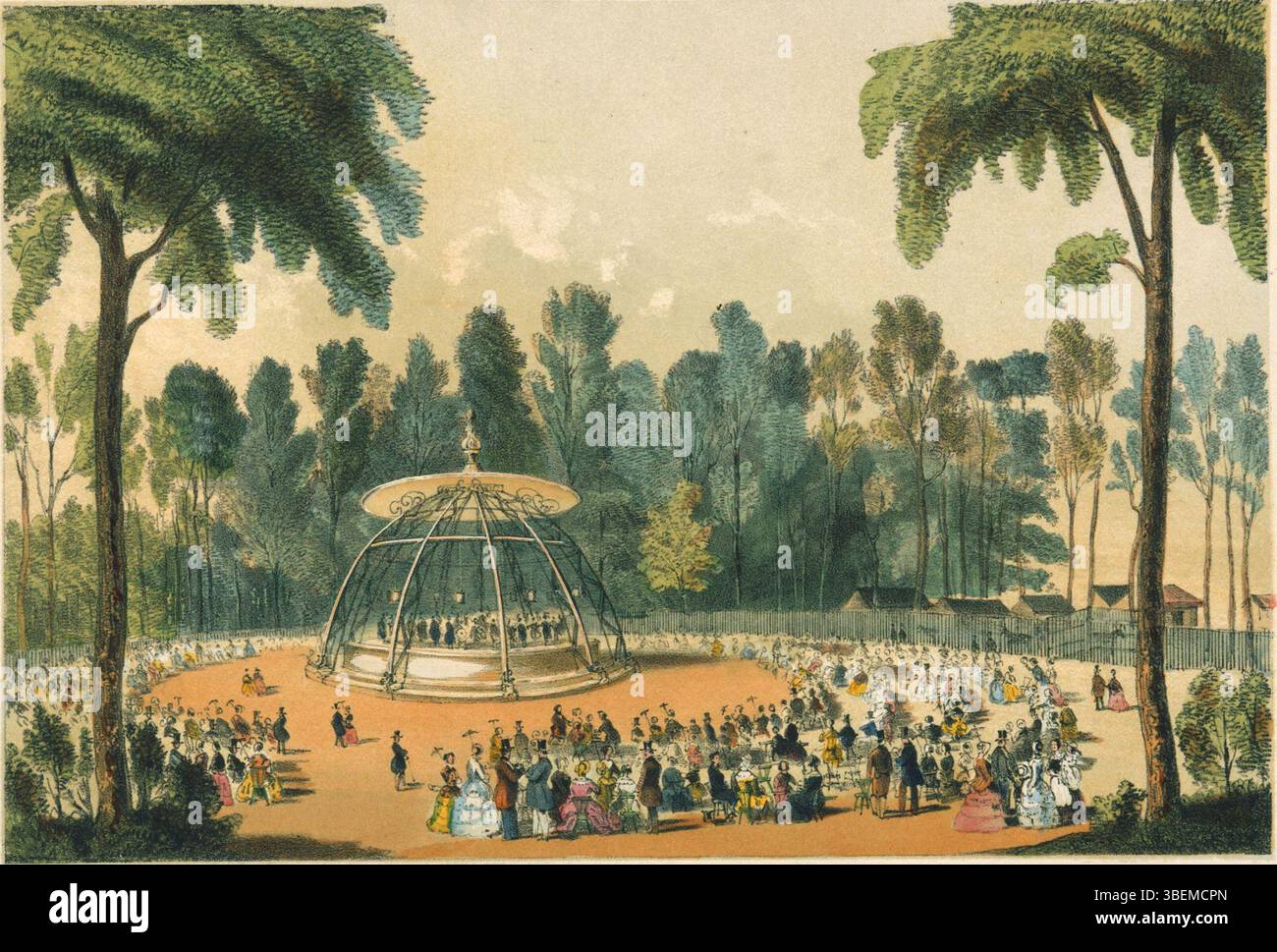 1856 litografia di Adrien Canelle che mostra il chiosco del Giardino Zoologico di Bruxelles, che rappresenta una struttura decorativa del giardino. Foto Stock