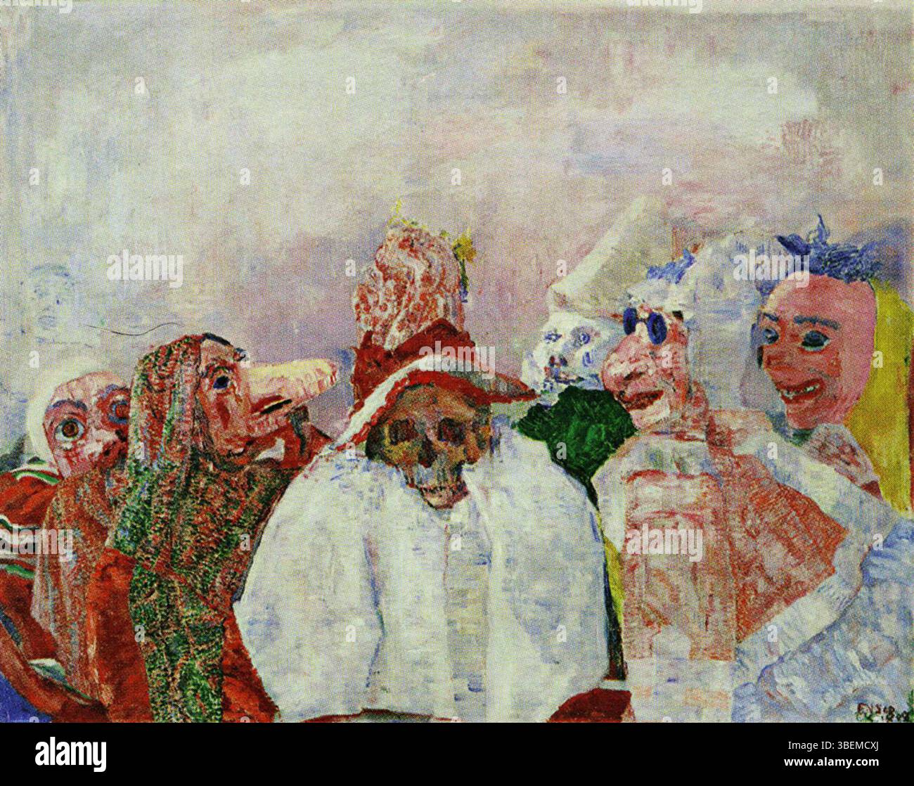 "Maschere che prendono in giro la morte", dipinto nel 1888 da James Ensor, presenta maschere grottesche che affrontano una figura scheletrica, simboleggiando la follia e la mortalità umana in una composizione satirica. Foto Stock