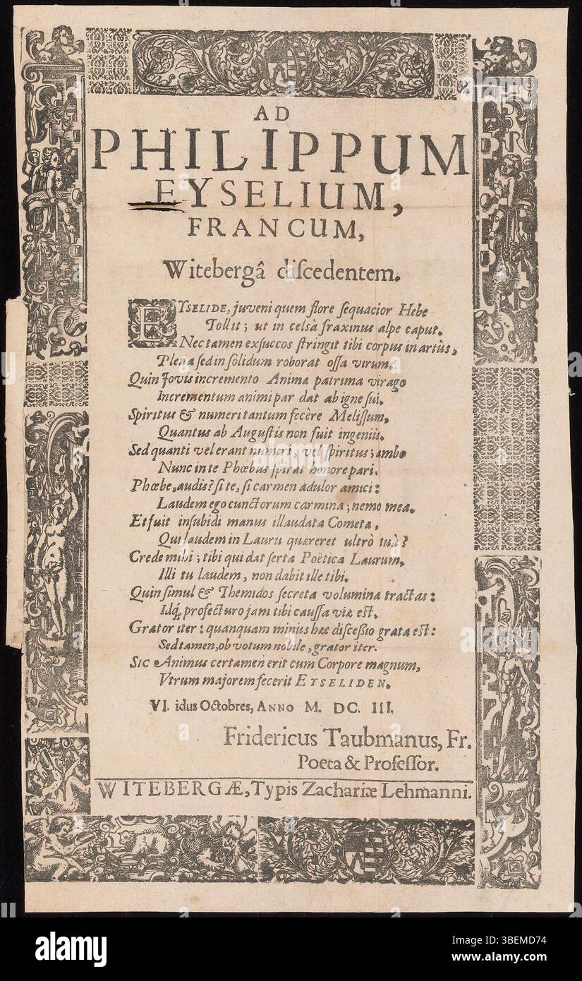 Testo di addio 'ad Philippum Eyselium, Francum, Witebergâ discedentem', composto da Fridericus Taubmann nel 1603 e stampato da Zacharias Lehmann a Wittenberg. Foto Stock