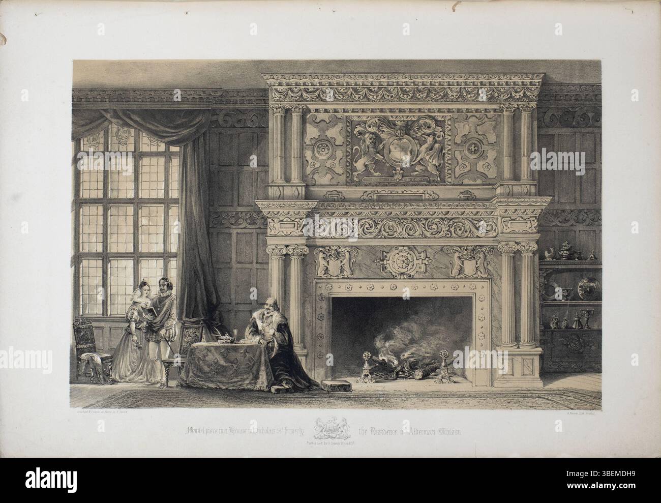 Questa litografia vittoriana stampata da Rose R[achel] Pocock raffigura la casa di un mercante giacobino in St. Nicholas Street, Bristol. L'opera ricostruisce gli interni del mercante, dando uno sguardo alla vita domestica durante il periodo giacobino a Bristol. Foto Stock