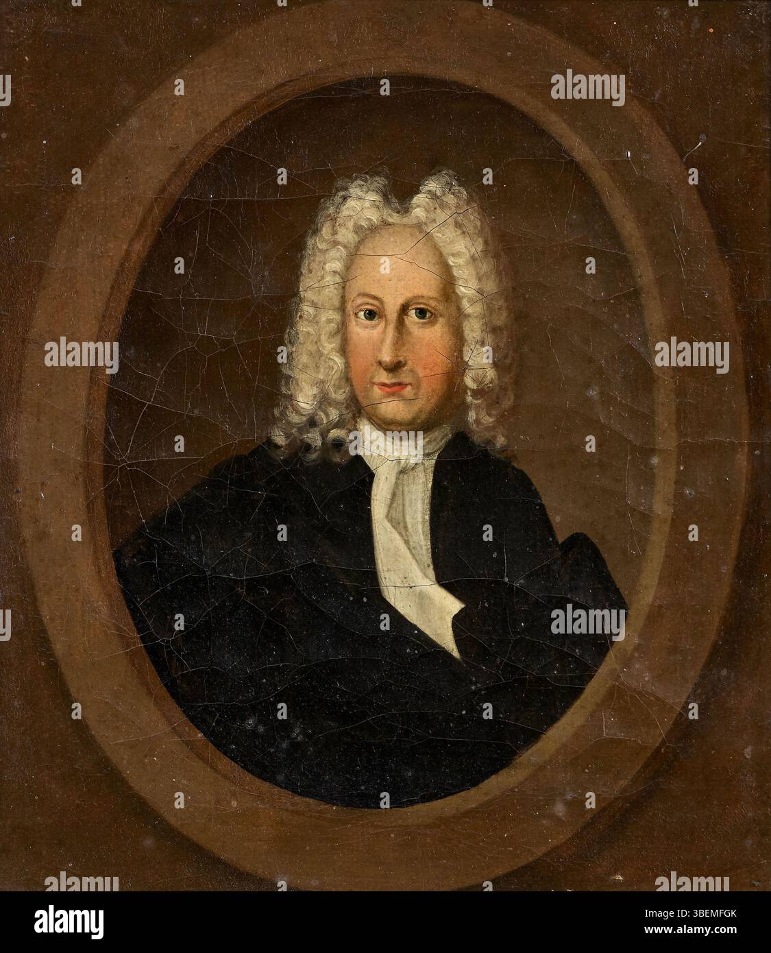 Questo dipinto del 1743 di Christianus Wolfius presenta l'iscrizione 'HUM:STUD:PROF' ed è monogrammato con 'P.G.' sul retro. È un esempio di ritrattistica europea della metà del XVIII secolo. Foto Stock