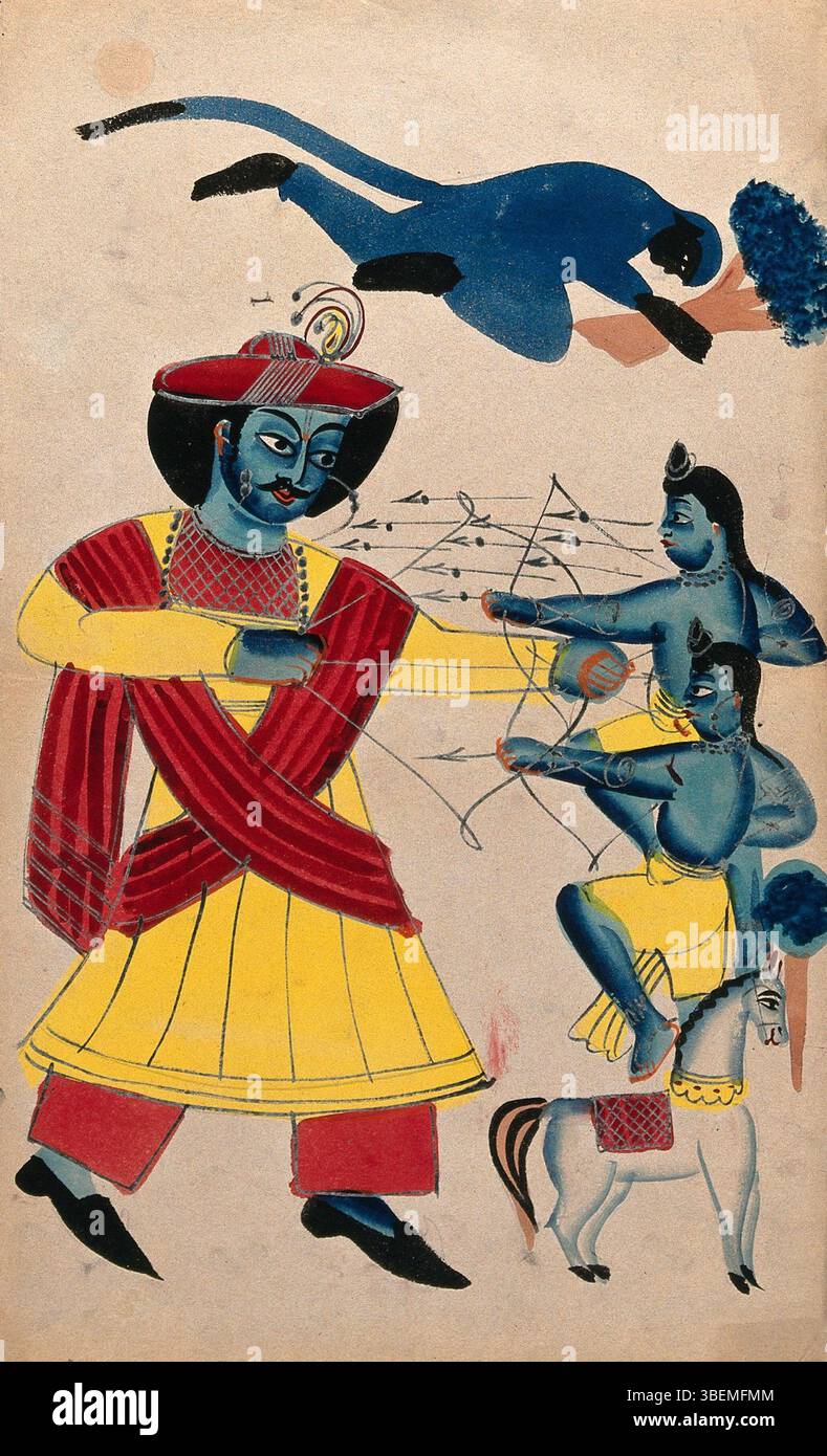 Questa opera d'arte ritrae RAM Chandar, accompagnato da Hanuman, che combatte i suoi figli Lava e Kusha su un cavallo. Il pezzo riflette una narrazione mitologica, probabilmente tratta dal Ramayana, che mostra il conflitto familiare in un contesto divino. Foto Stock