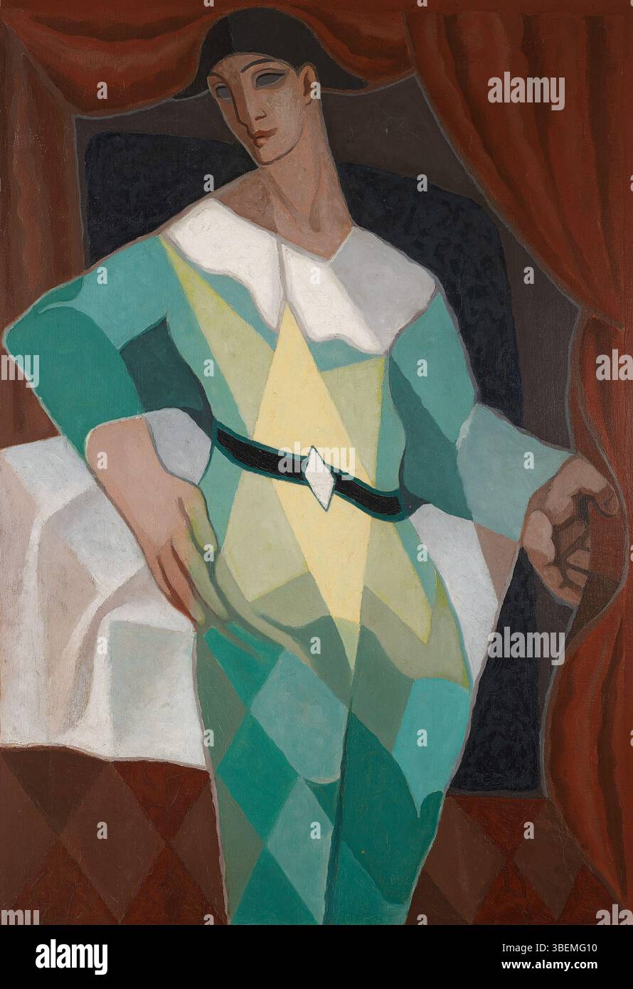 Il dipinto di Juan Gris 'Arlequin' del 1925 è un segno distintivo del suo stile cubista, che utilizza forme geometriche e forme frammentate per rappresentare l'arlecchino, un personaggio comico tradizionale. Il pezzo riflette la maestria di Gris nel trasmettere profondità attraverso l’astrazione. Foto Stock