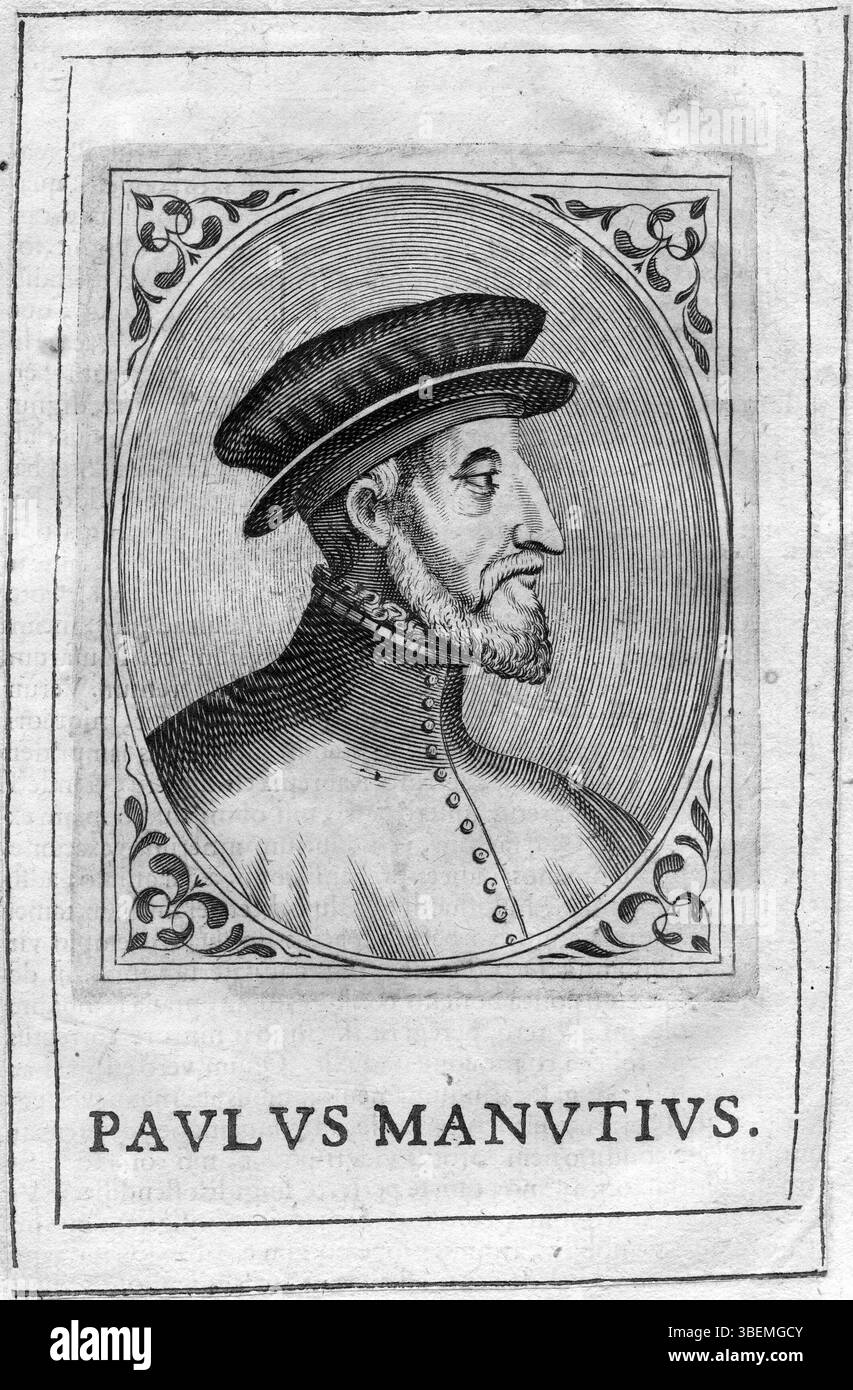 Qui viene presentata un'incisione ritratto di Paolo Manuzio, un influente tipografo ed editore italiano. Il ritratto risale a un periodo sconosciuto e riflette l'eredità culturale e intellettuale del Rinascimento. Foto Stock