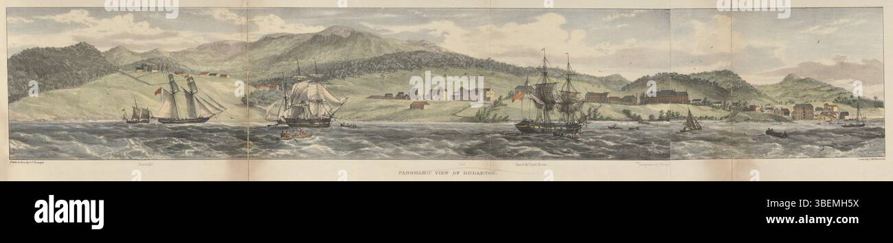 Questa vista panoramica di Hobarton (ora Hobart), Tasmania, creata da Augustus Prinsep nel 1833, fu una delle illustrazioni nel suo "Journal of a Voyage from Calcutta to Van Diemen's Land". L'opera mostra la prima Hobart coloniale e i suoi dintorni naturali. Foto Stock