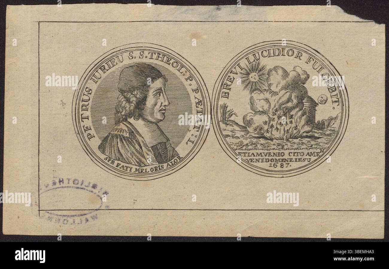 Questa immagine mostra entrambi i lati di una medaglia raffigurante Petrus Iurieu, catalogato come BWB 169. Il design della medaglia presenta immagini e iscrizioni specifiche relative a Iurieu. Il rovescio è ugualmente dettagliato, contribuendo alla rappresentazione completa di questo artefatto storico. Foto Stock