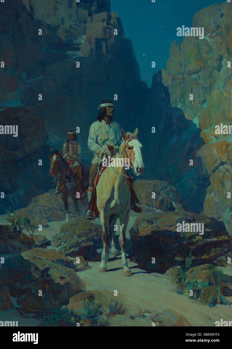 1928 dipinto 'Moonlight in the Canyon' dell'artista americano Frank Tenney Johnson (1874-1939), noto per i paesaggi occidentali sotto la luce notturna. Foto Stock