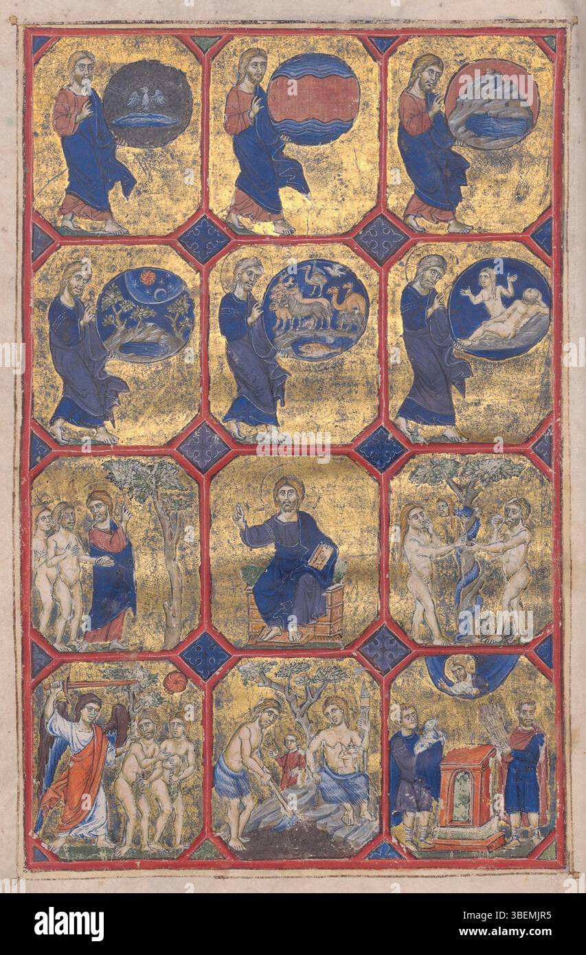 Questo frontespizio di *Genesi*, trovato nella Bibliothèque de l'Arsenal, introduce il testo biblico con rappresentazioni artistiche e simboliche, valorizzando la narrazione con immagini visive. Foto Stock