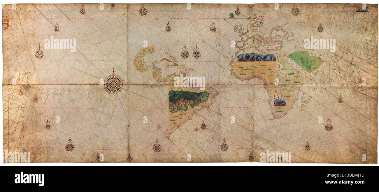 La Mappa di Torino del 1523, nota anche come Geocarta Nautica universale, fu creata da Juan Vespucci o Nuño García de Toreno. Questa mappa, che si ritiene sia basata sulla mappa reale spagnola, registra per la prima volta i risultati della spedizione di Magellano e l'intera estensione dell'Oceano Pacifico, segnando una pietra miliare nella prima cartografia moderna. Foto Stock