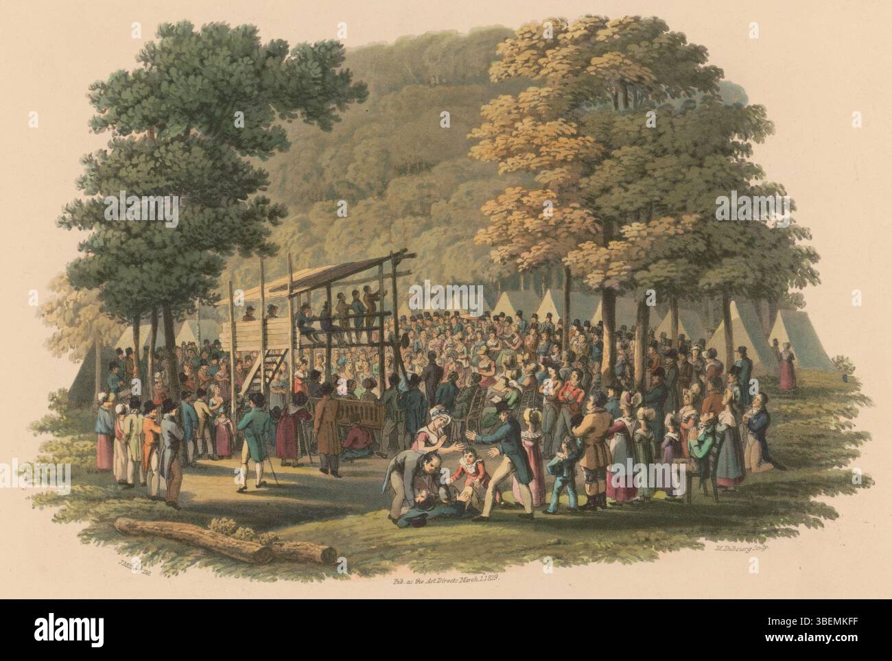 Questa versione corta dell'acquatinta del 1819 di Jacques Gérard Milbert e M. Dubourg mostra un incontro di campo metodista all'inizio del XIX secolo in Nord America. La stampa mette in evidenza l'ambiente all'aperto dell'incontro religioso. Foto Stock
