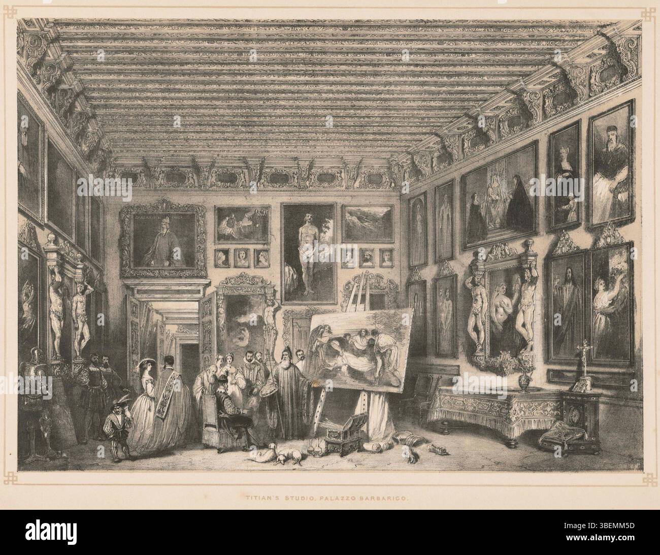 Litografia di Joseph Nash che mostra l'interno di Palazzo Barbarigo a Venezia, compreso lo studio di Tiziano, parte della pubblicazione del 1848 sugli interni veneziani. Foto Stock