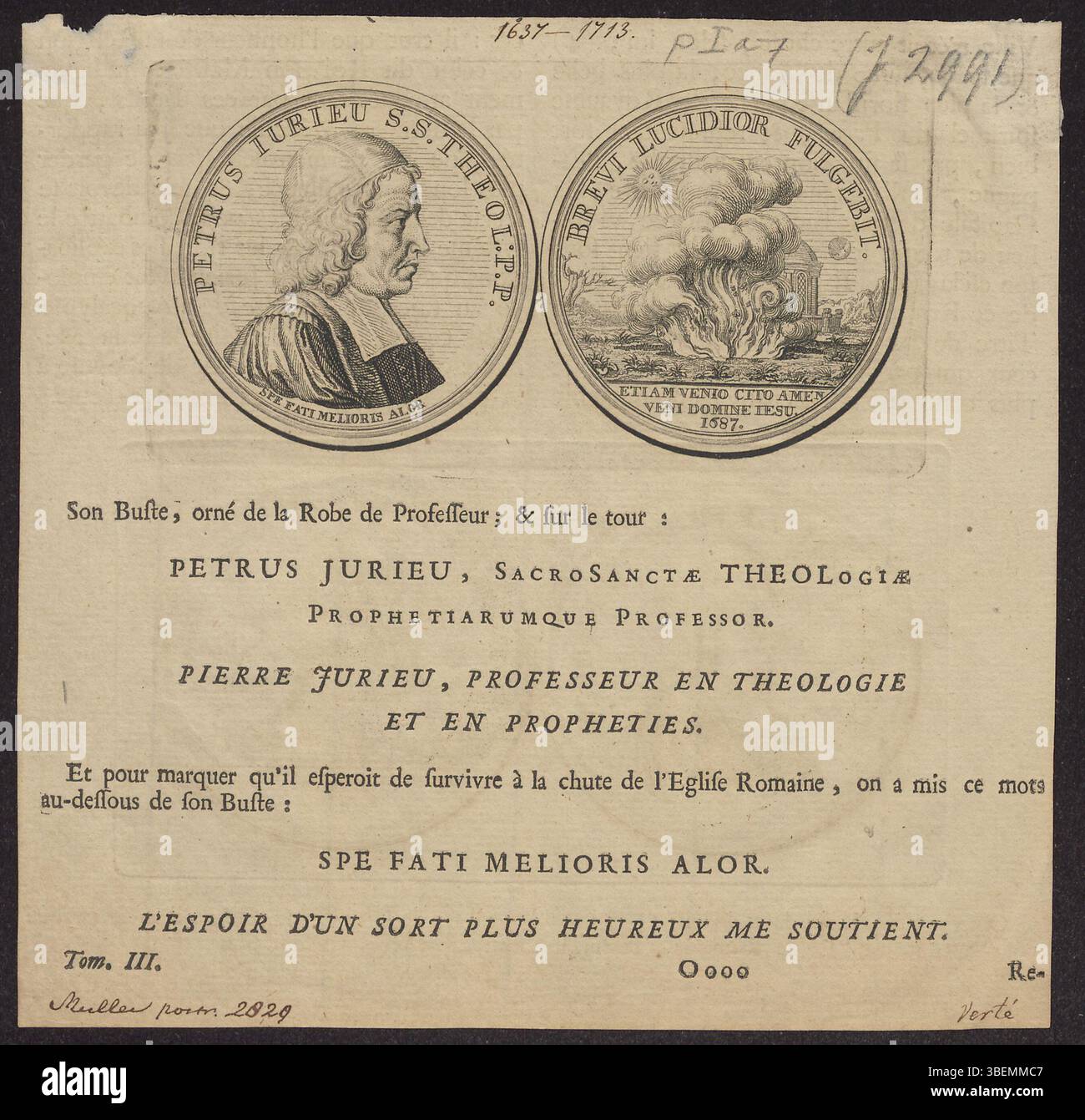 Questa immagine mostra una medaglia di Petrus Iurieu, identificata come BWB 167, con raffigurati sia il dritto che il rovescio. Il disegno comprende iscrizioni e immagini dettagliate, che contribuiscono alla comprensione storica dello scopo e del significato della medaglia. Foto Stock