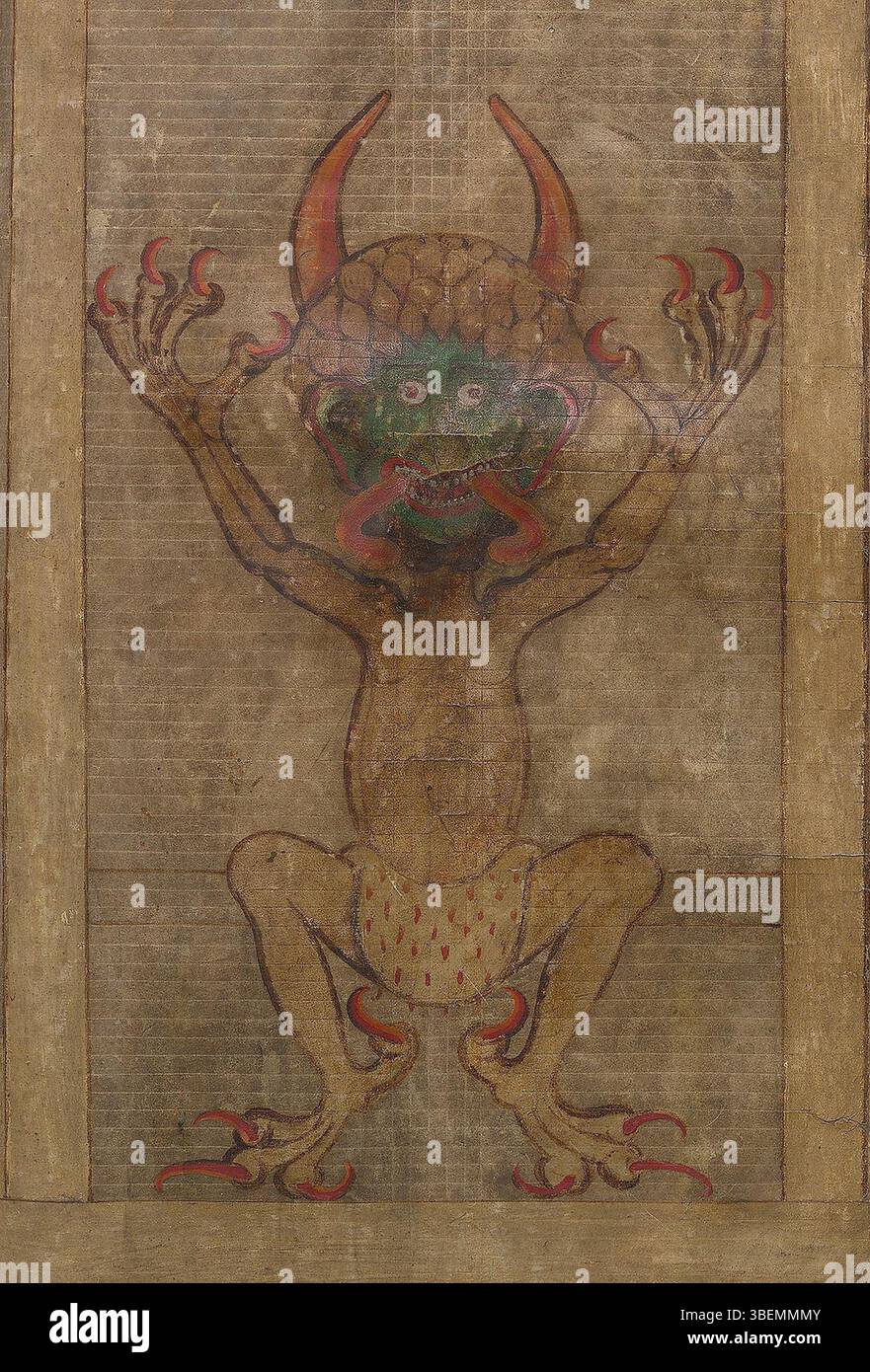 Il *Codex Gigas*, un manoscritto del XIII secolo creato da Herman il Recluso, contiene una famosa raffigurazione del Diavolo sul folio 290 recto. Il ritratto illuminato è una caratteristica iconica del manoscritto, noto per le sue grandi dimensioni e il design dettagliato, creato nel monastero benedettino di Podlaice nei primi anni '1200 Foto Stock