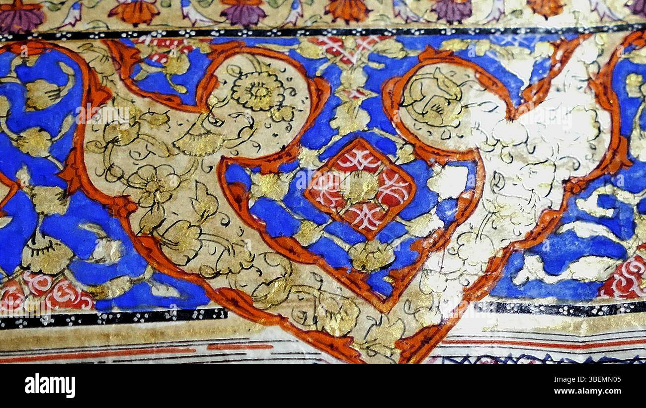 Il manoscritto "Sunehri bir", conservato a Gurdwara Mattan Sahib a Martand, Kashmir, India, è una versione manoscritta del Guru Granth Sahib del XVII secolo. Questo testo sacro è cruciale per il sikhismo, e l'opera rimane attribuita a uno scriba e artista sconosciuto. Le fotografie sono state catturate da Harkiran Kaur. Foto Stock