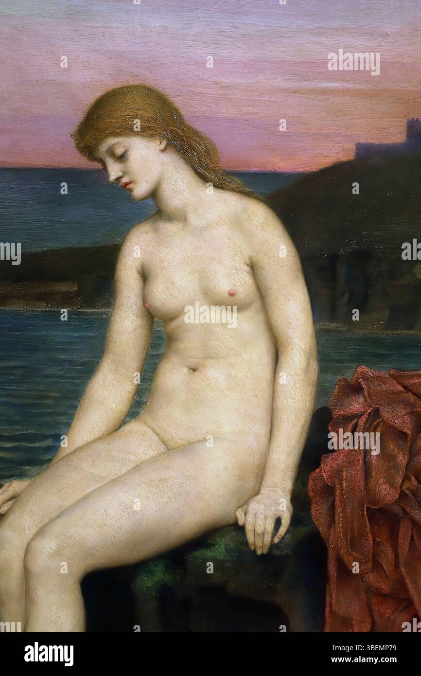 "La Sirenetta", dipinta da Evelyn de Morgan tra il 1886 e il 1888, è una vibrante rappresentazione della sirena mitologica, basata sulla fiaba di Hans Christian Andersen. Il lavoro mostra la maestria di de Morgan nel catturare movimento e le emozioni. Foto Stock