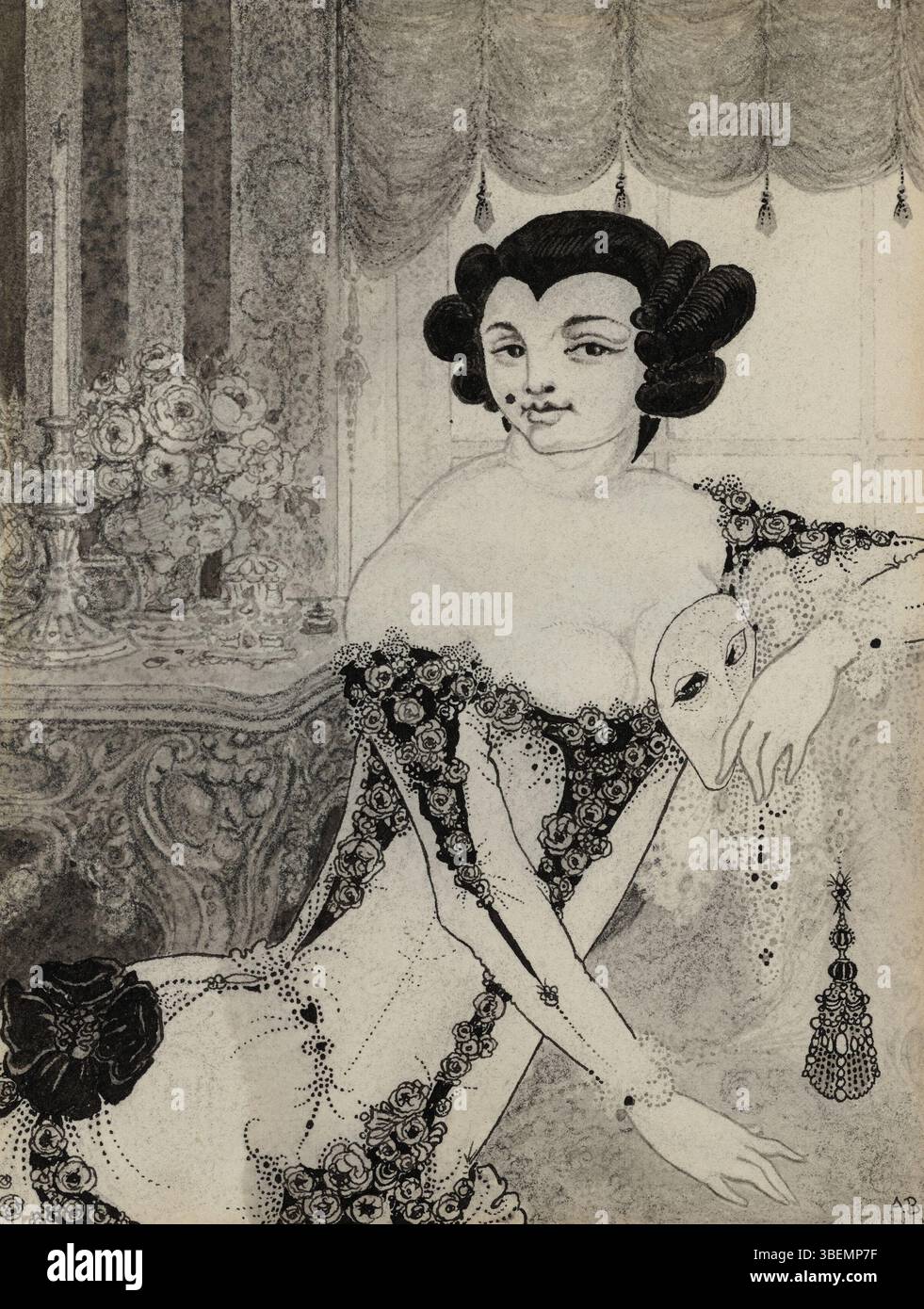 "Arbuscula" di Aubrey Beardsley (1872-1898) è un'iconica illustrazione in bianco e nero. Il lavoro di linea distinto di Beardsley e le composizioni drammatiche sono evidenti in questa opera d'arte, che mostra il suo stile distintivo. Foto Stock