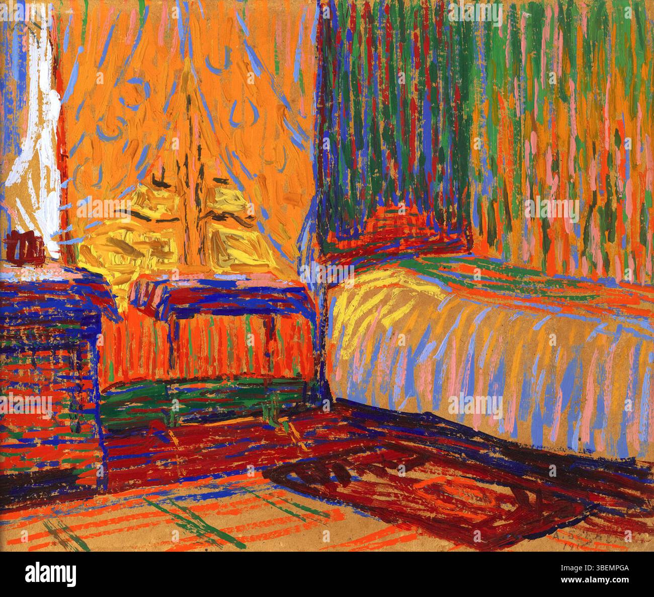 L'opera di Arthur Segal del 1910 intitolata *Interieur* riflette la sua maestria nella rappresentazione di scene quotidiane. Il dipinto, firmato dall'artista, misura 31,4 x 37,4 cm e fa parte di una collezione privata. Foto Stock