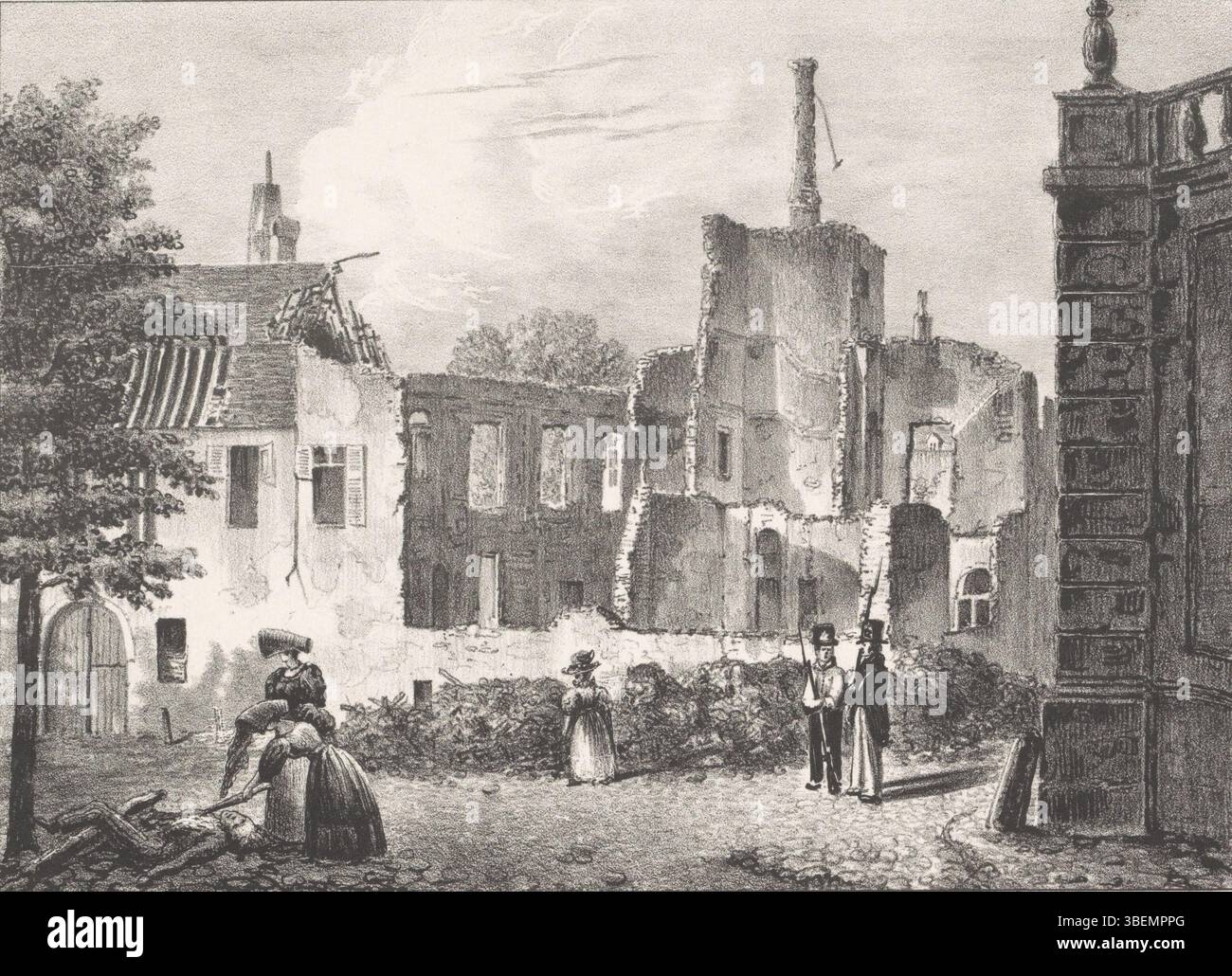 Un'impronta raffigurante la casa in rovina di Cornelis Felix van Maanen, un ministro della giustizia, a Bruxelles, distrutta da un incendio durante la rivoluzione belga del 1830. Foto Stock
