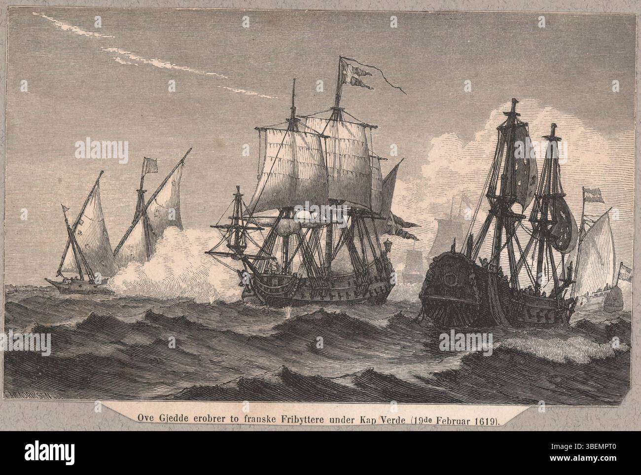 Il dipinto raffigura ove Gjedde, un ufficiale navale danese, che catturò due corsari francesi al largo della costa di Capo Verde il 19 febbraio 1619. Il successo di Gjedde con i corsari è un momento importante nella storia navale danese. Foto Stock