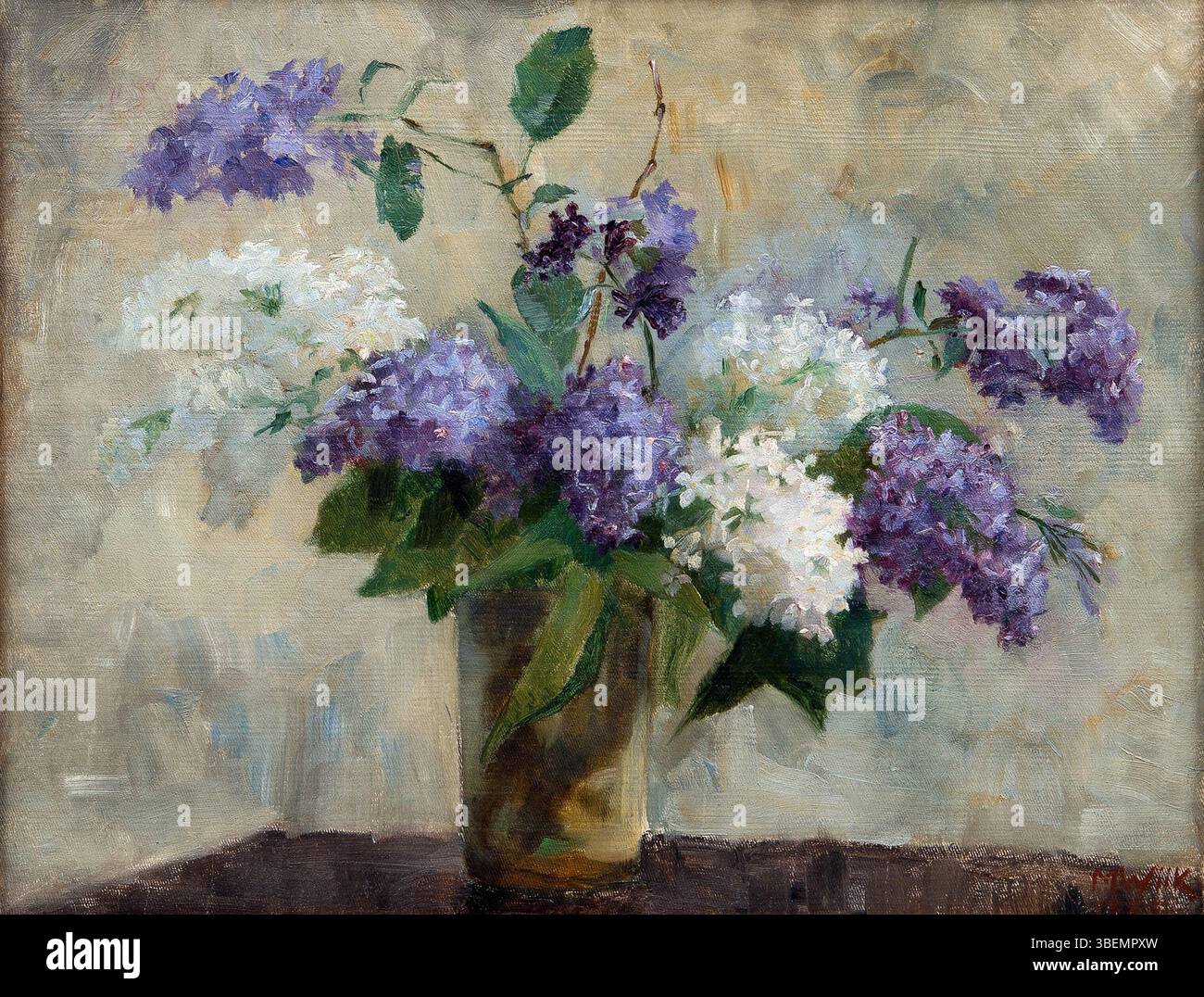 Il dipinto del 1882 di Maria Wiik *Lilacs in a Vase* (Syreenejä Maljakossa) è un olio su tela di 33,5 x 44,5 cm. Il pezzo mostra la caratteristica attenzione di Wiik alla natura morta floreale, catturando la delicata bellezza dei lillani. L'opera è firmata e datata dall'artista. Foto Stock