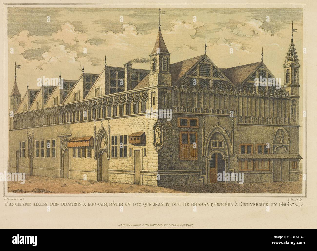 Questa litografia di A. Joos e L. Mommens del XIX secolo raffigura la vecchia Drapers' Hall di Lovanio, in Belgio. Costruito nel 1317 e concesso all'Università di Lovanio dal duca Giovanni IV di Brabante nel 1424, questo edificio storico è un simbolo del patrimonio accademico e architettonico di Lovanio. Foto Stock