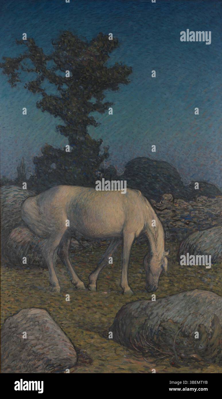 "White Horse at Dusk" (1901-1904) di Nils Kreuger, ospitato a Thielska Galleriet, raffigura una scena serena di un cavallo bianco in un paesaggio al crepuscolo. Il dipinto mostra l'attenzione di Kreuger sulla luce e l'atmosfera, comuni nel realismo svedese. Foto Stock