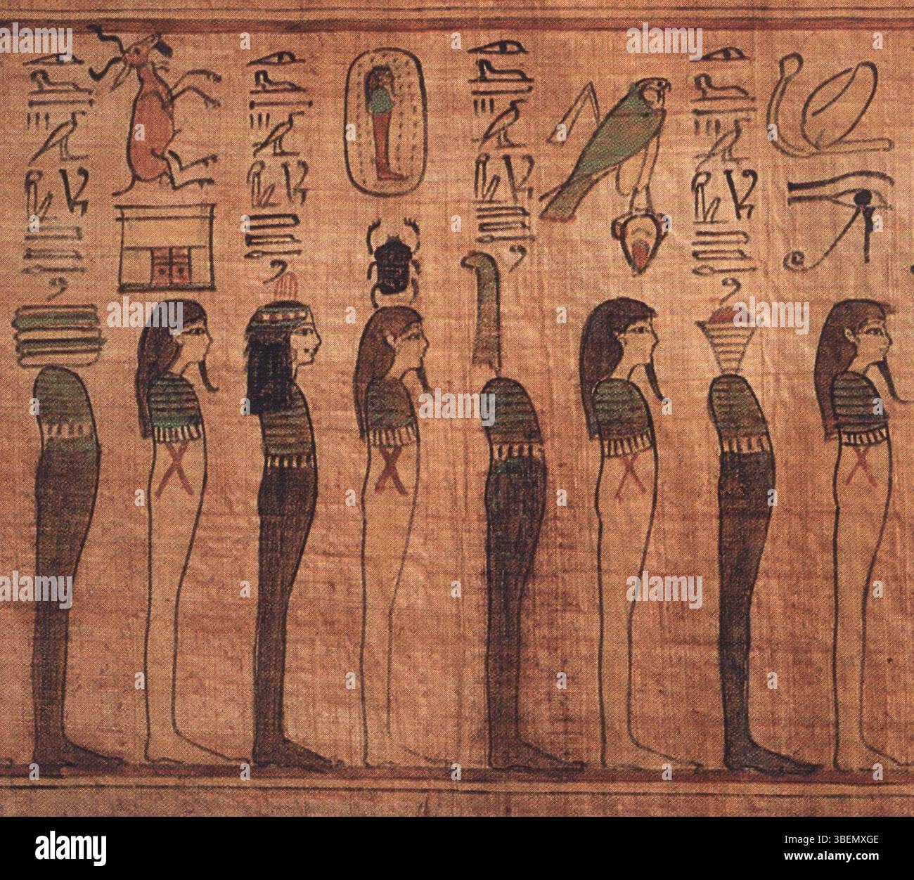 Questa illustrazione della *Litania di Ra* (XI secolo a.C.) raffigura divinità mummiformi associate al dio del sole Ra. L'immagine, parte di un antico testo funerario egiziano, proviene da un papiro di proprietà di nAny, una nobildonna di Tebe. Foto Stock