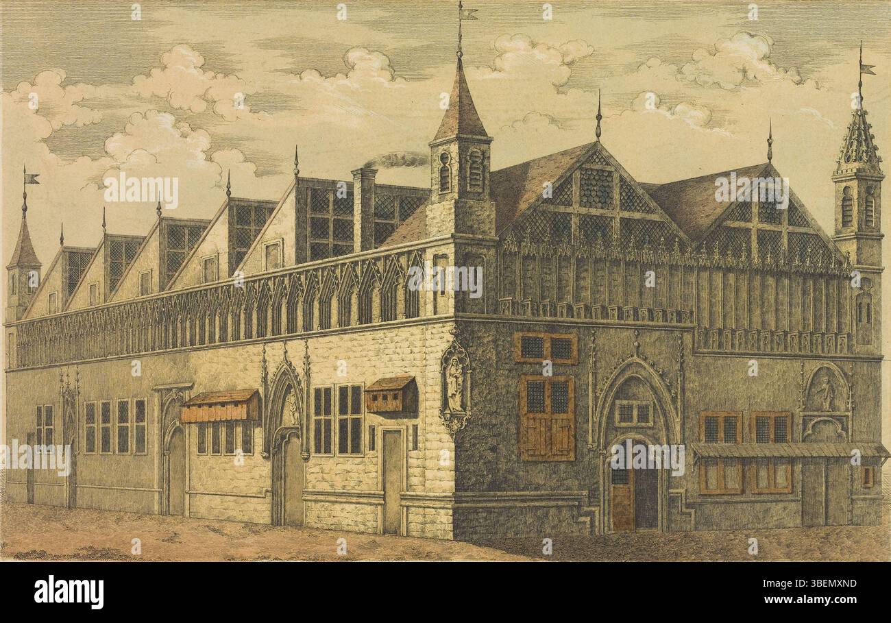 Una versione corta della litografia di A. Joos e L. Mommens della vecchia Drapers' Hall di Lovanio, Belgio, concentrandosi sui dettagli architettonici dell'edificio. Costruita nel 1317, questa struttura fu concessa all'Università di Lovanio dal duca Giovanni IV di Brabante nel 1424. Foto Stock