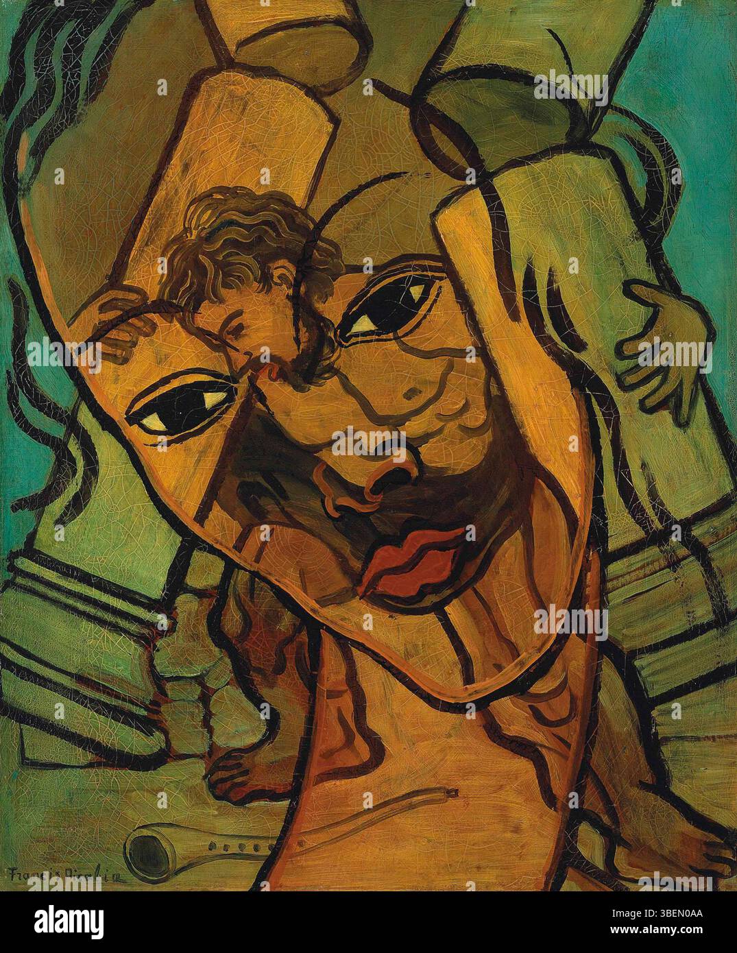 La "trasparenza (Samson et Dalila)" di Francis Picabia è un'opera d'arte creata tra il 1935 e il 1937 circa, che presenta una miscela surrealista di figure e simboli. L'opera mostra l'approccio unico di Picabia all'arte astratta, fondendo forme umane con elementi meccanici o tecnologici. Questo pezzo esemplifica la sua sperimentazione con la trasparenza e la giustapposizione dell'organico con la meccanica. Foto Stock