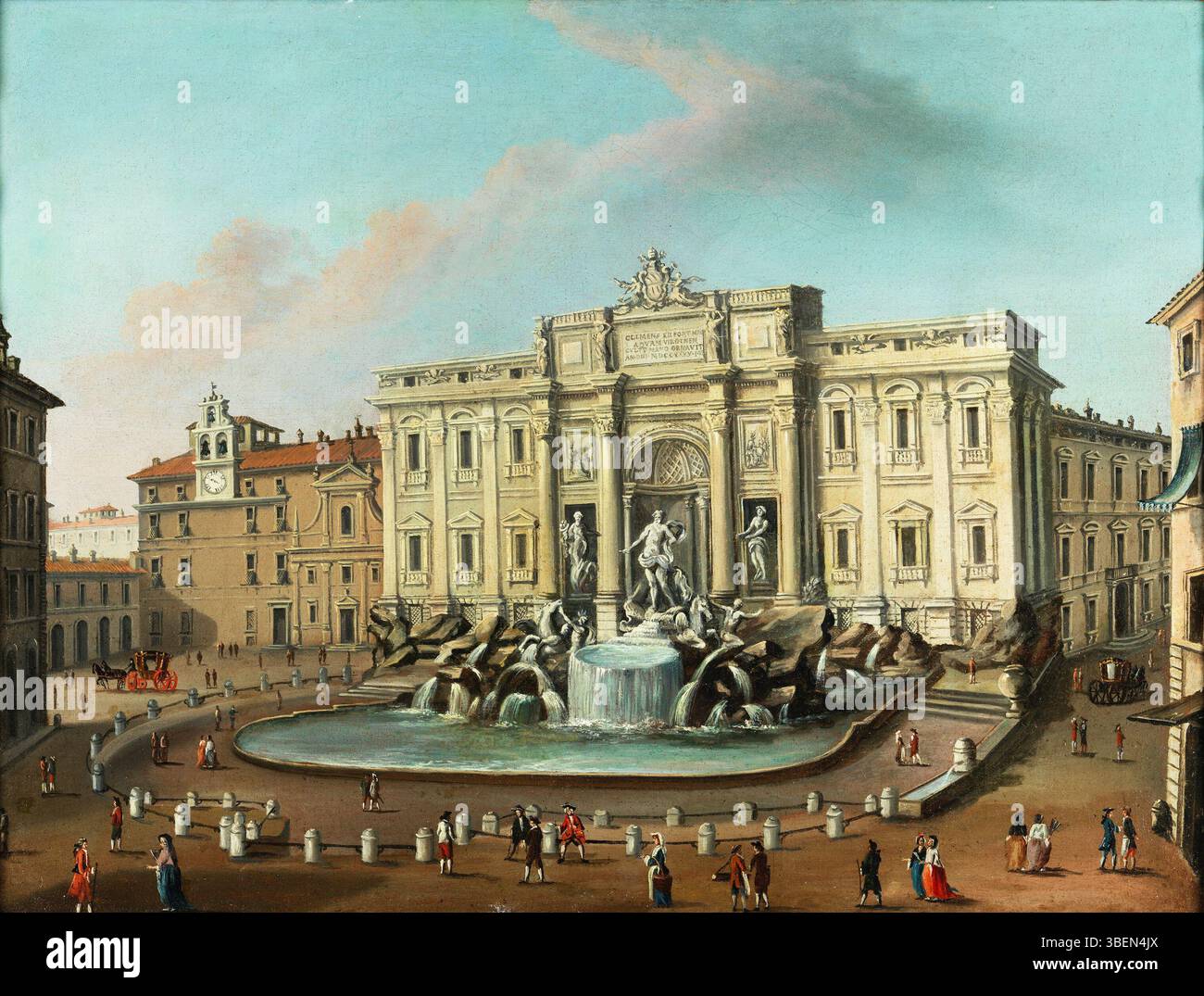 Questo dipinto ad olio del XIX secolo raffigura la famosa Fontana di Trevi a Roma. Il lavoro, di 74 x 99 cm, cattura la grandiosità e il design intricato di una delle fontane più iconiche al mondo, resa su pannelli di fibra. Foto Stock